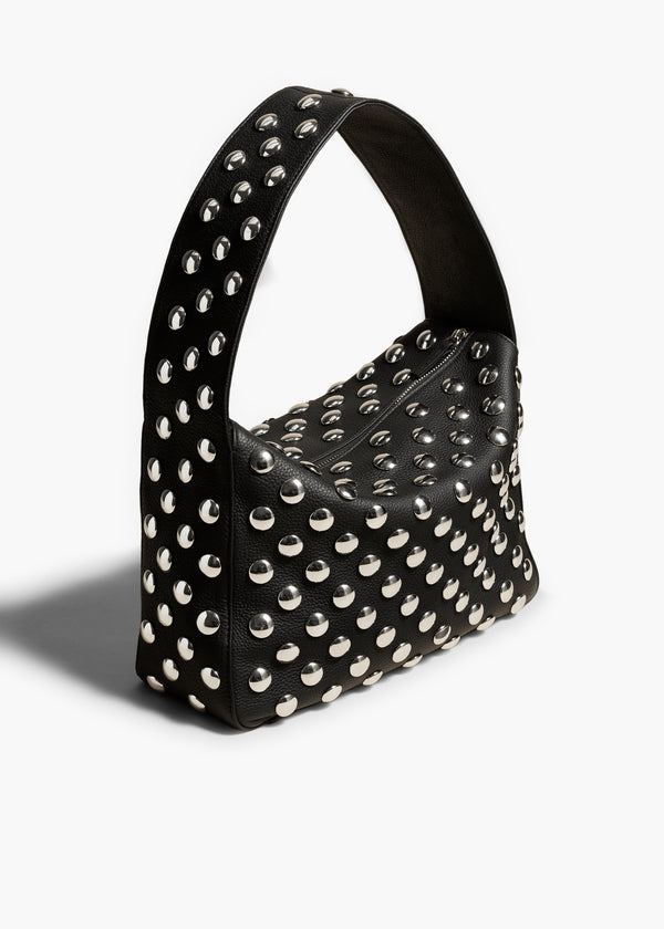 ELENA HANDBAG IN PEBBLED BLACK LEATHER WITH STUDS ANGLED VIEW