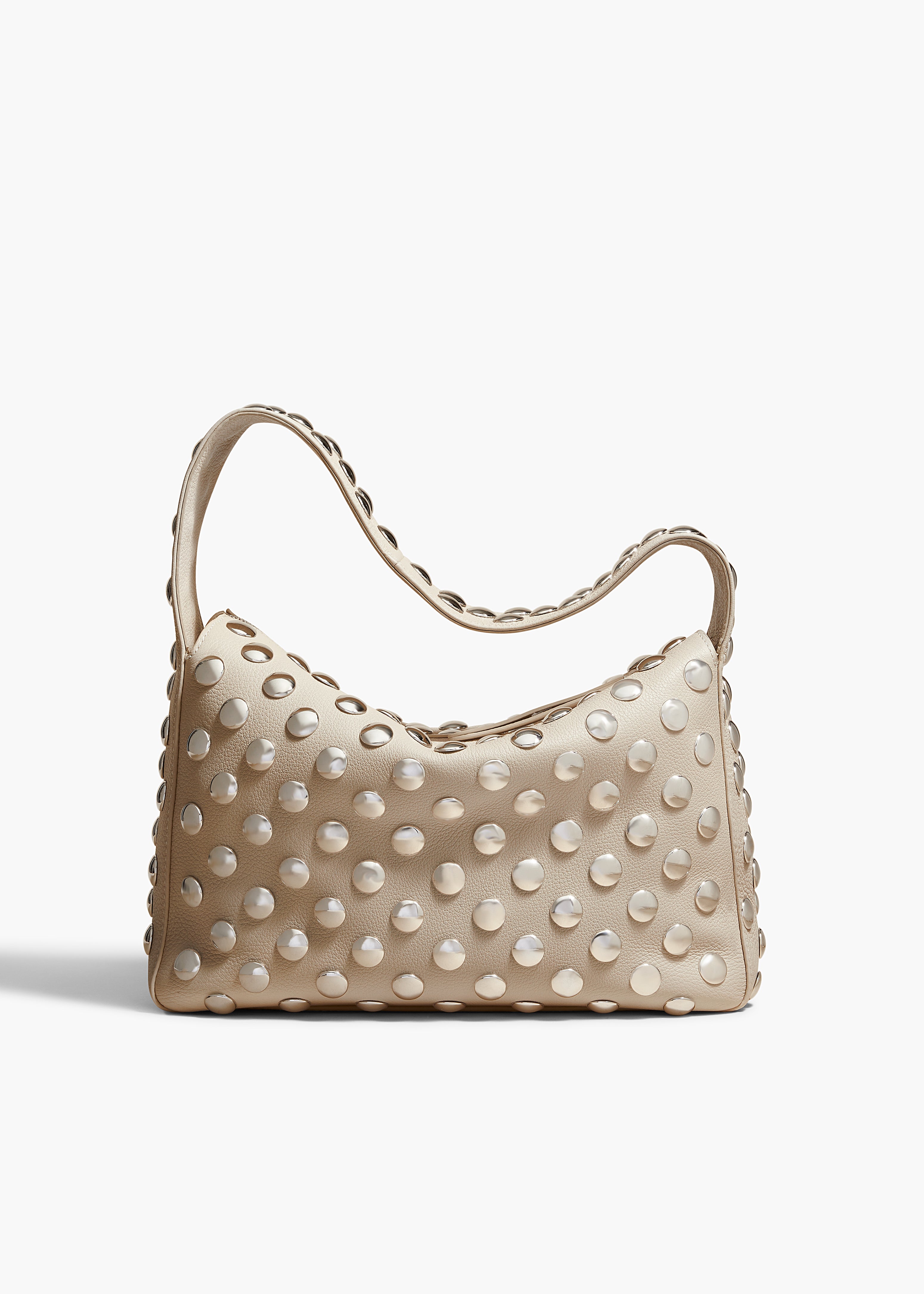 ELENA HANDBAG IN PEBBLED DARK IVORY LEATHER WITH STUDS FRONT VIEW