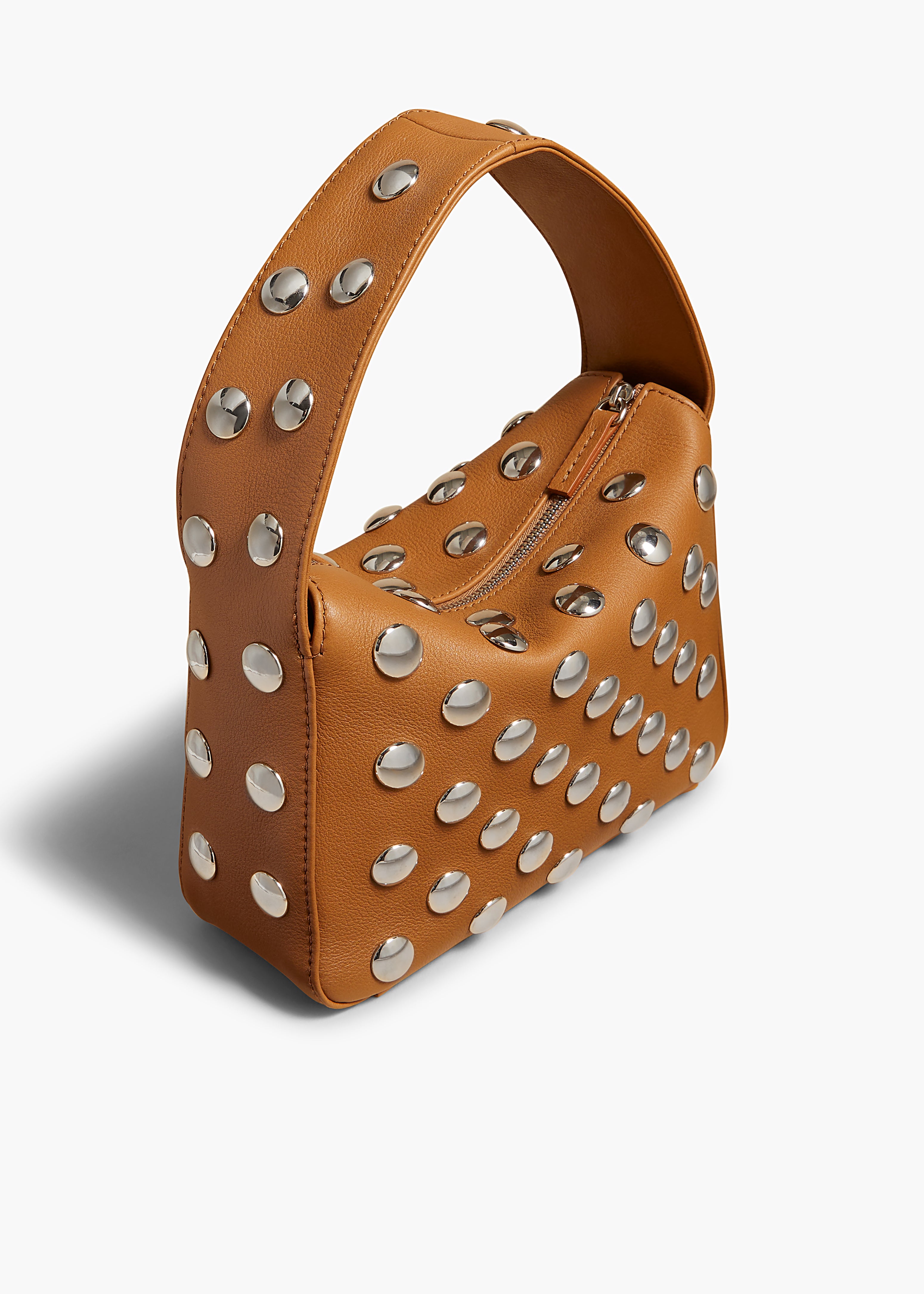 SMALL ELENA HANDBAG IN PEBBLED NOUGAT LEATHER WITH STUDS ANGLED VIEW