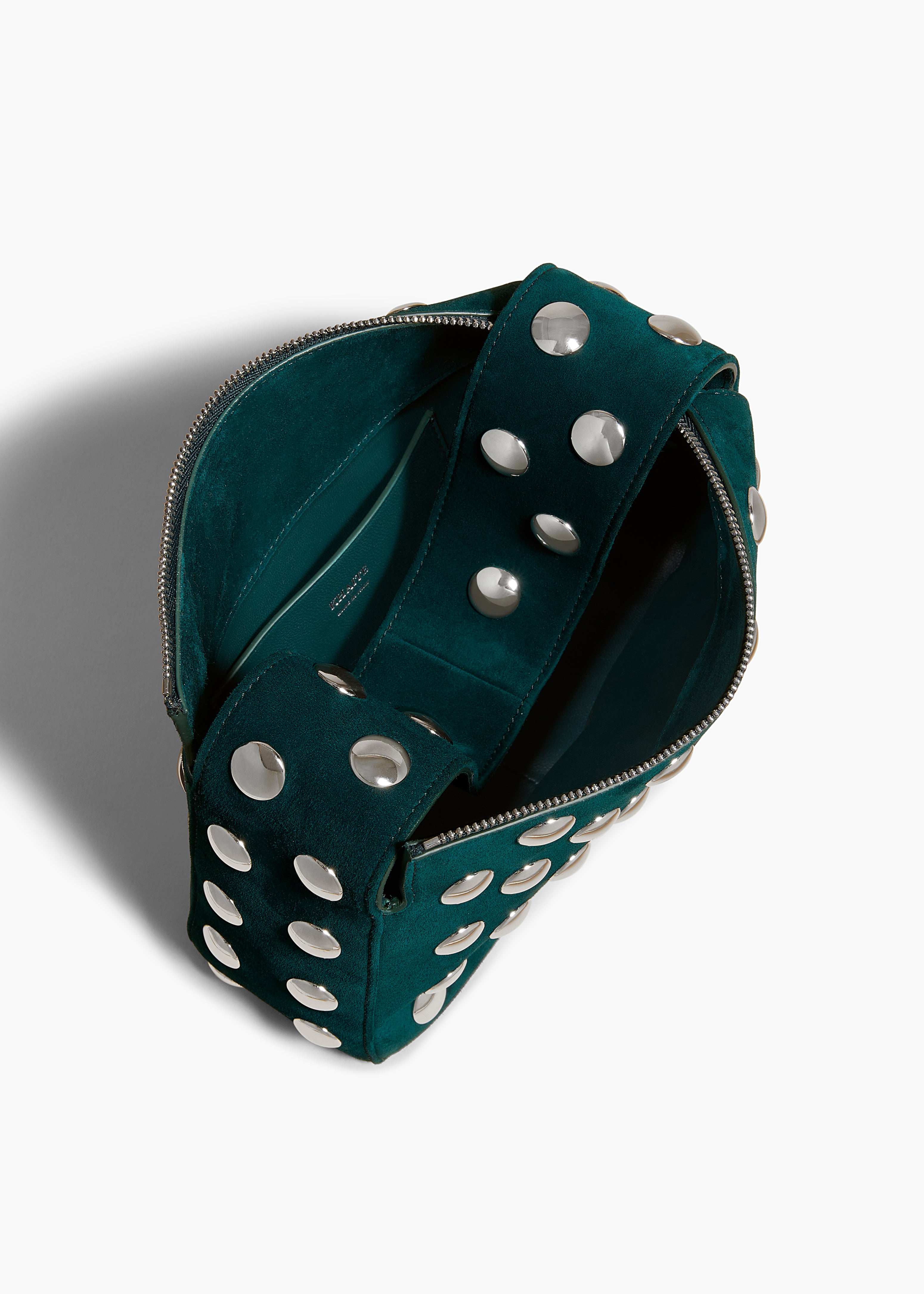 SMALL ELENA HANDBAG IN ENGLISH GREEN SUEDE WITH STUDS OVERHEAD VIEW