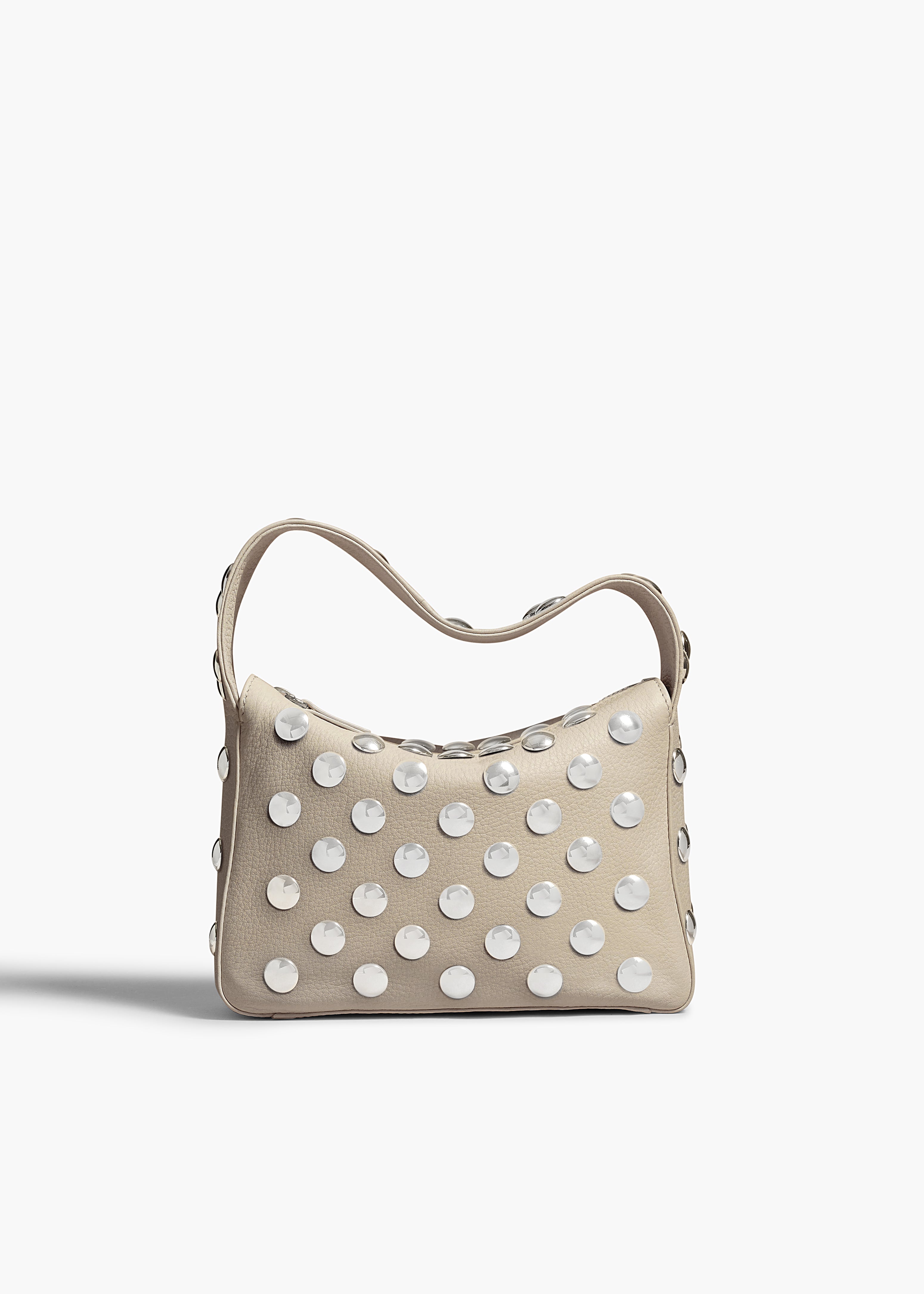 SMALL ELENA HANDBAG IN PEBBLED DARK IVORY WITH STUDS FRONT VIEW