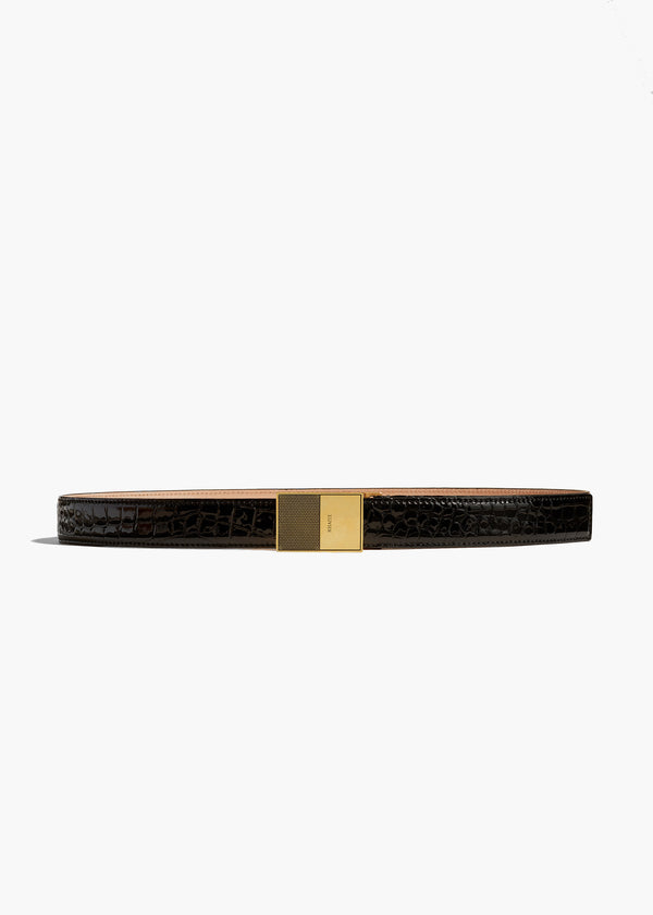 ELIO BELT IN GOLD AND BLACK CROC FRONT VIEW