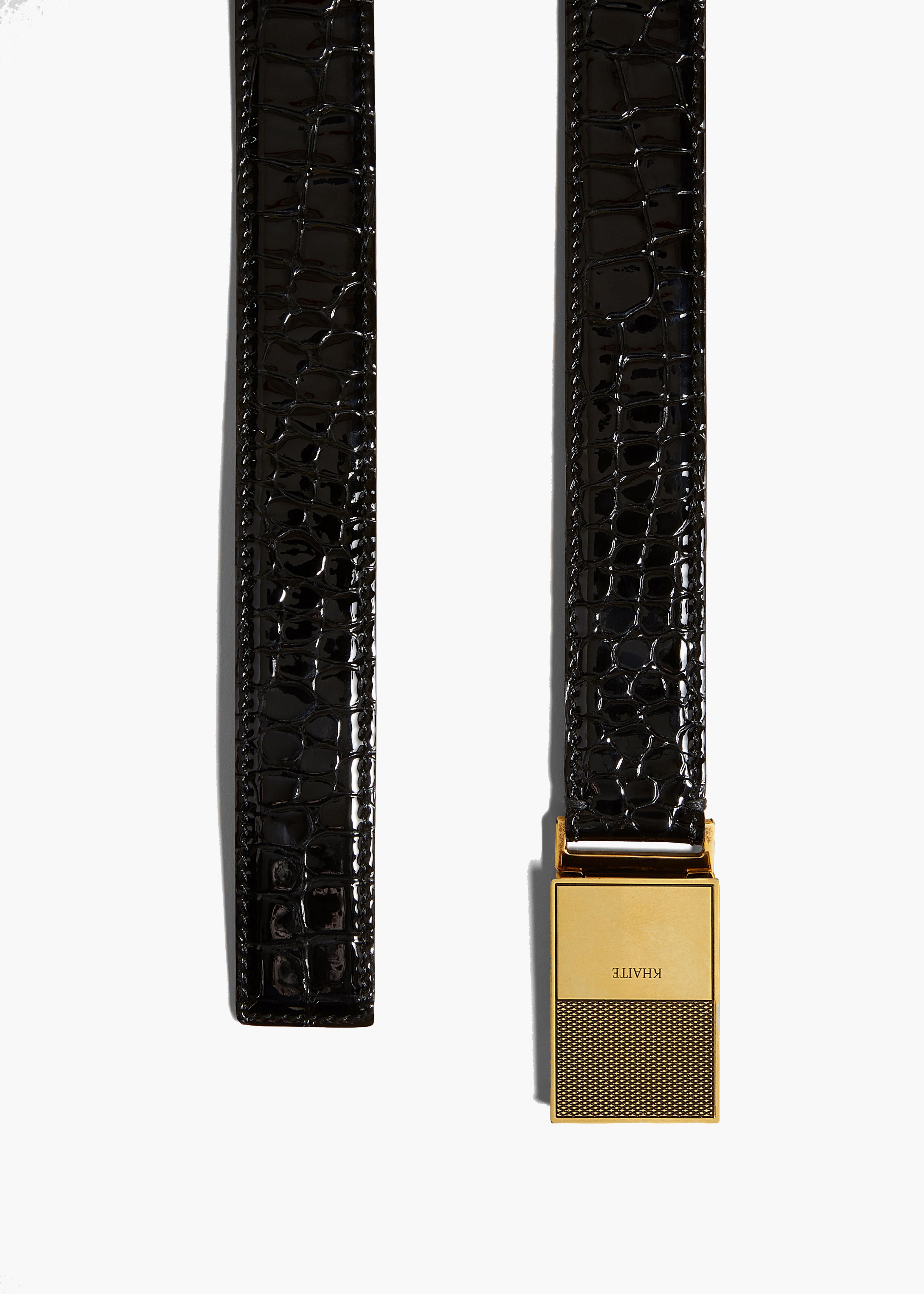 ELIO BELT IN GOLD AND BLACK CROC FLAT VIEW