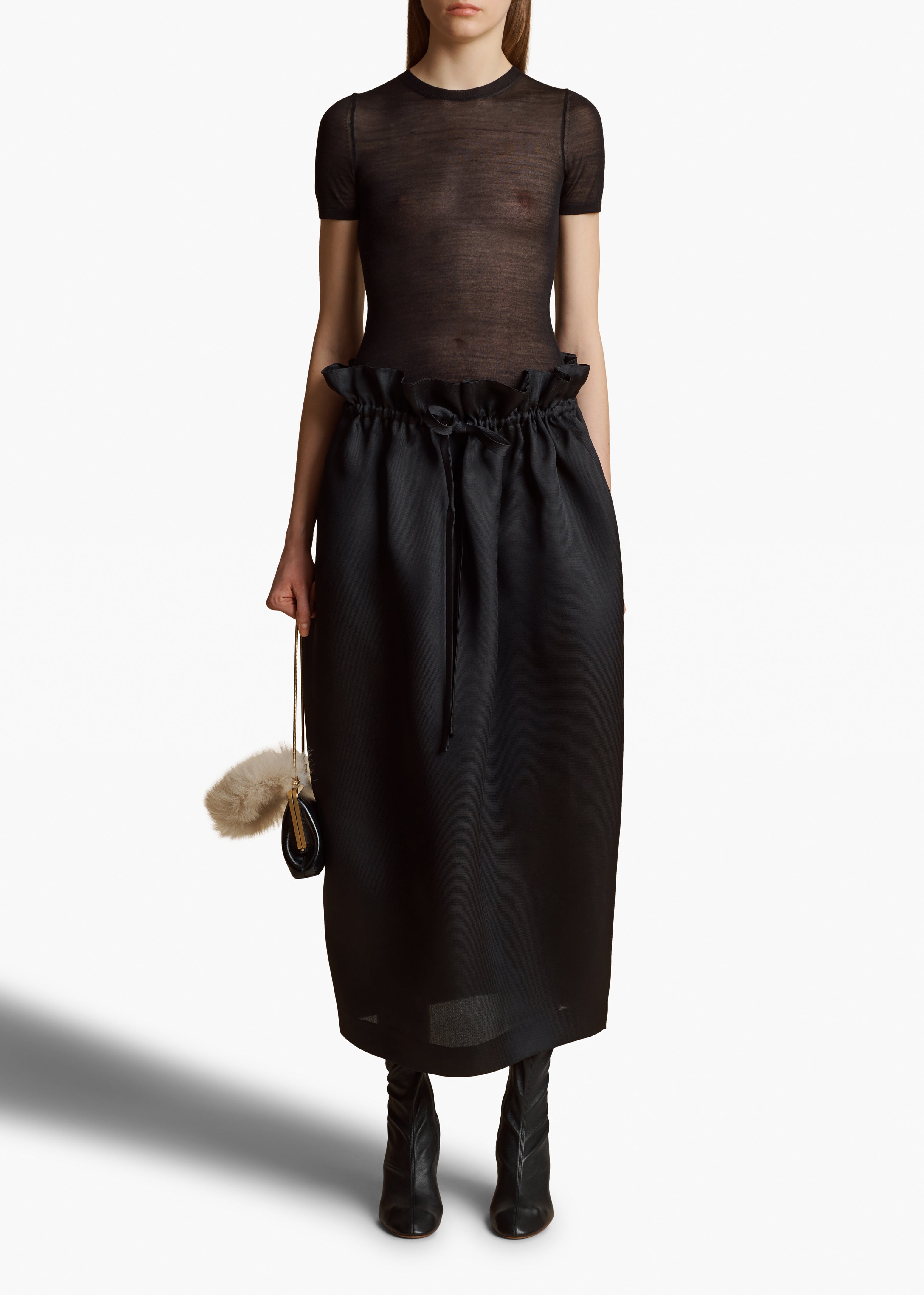 EMBER SKIRT IN BLACK SILK GAZAR FRONT VIEW STYLED