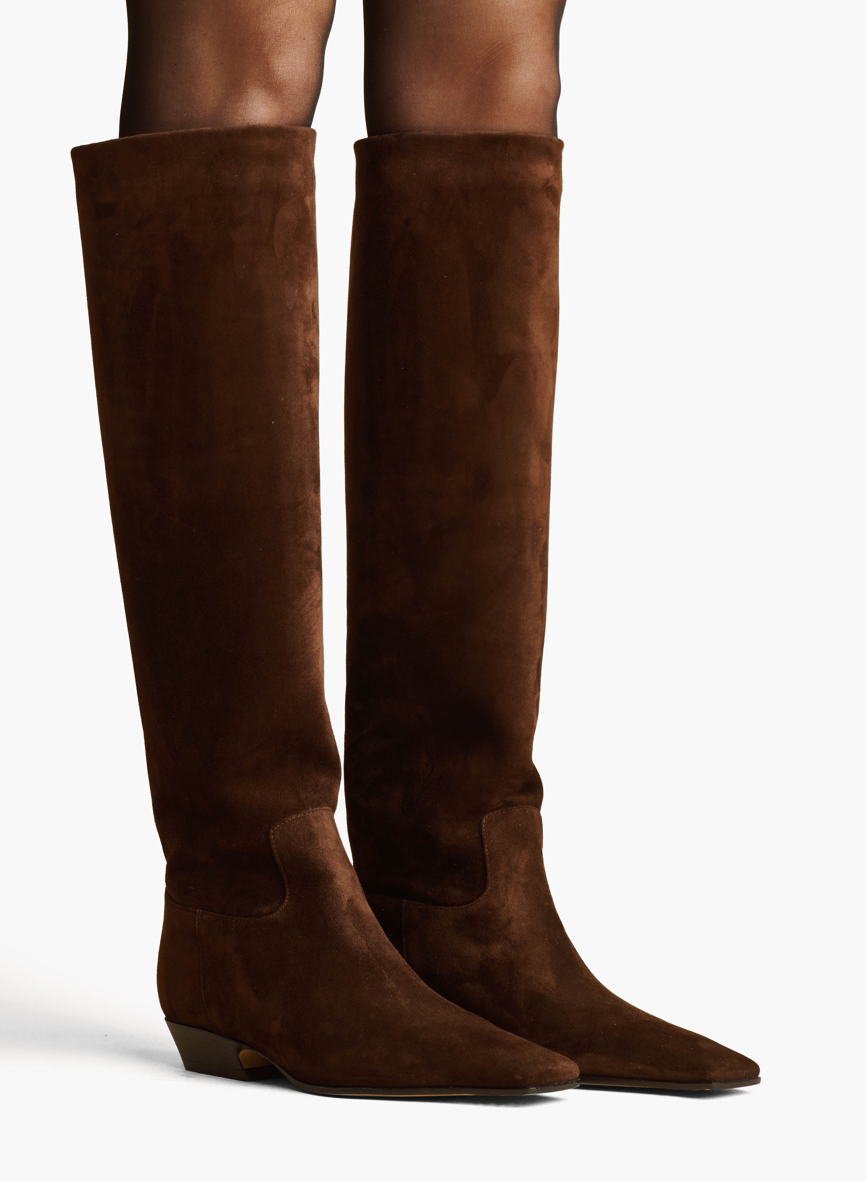 MARFA KNEE HIGH BOOT IN COFFEE SUEDE STYLED VIEW