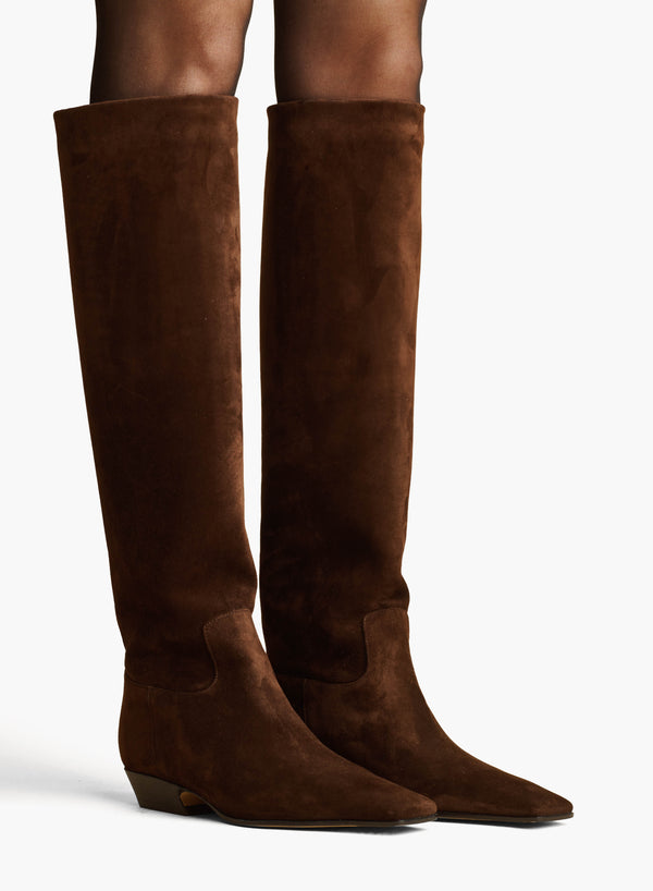MARFA KNEE HIGH BOOT IN COFFEE SUEDE STYLED VIEW