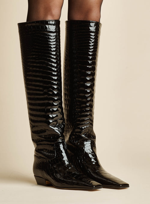The Marfa Knee-High Boot in Black Croc-Embossed Leather