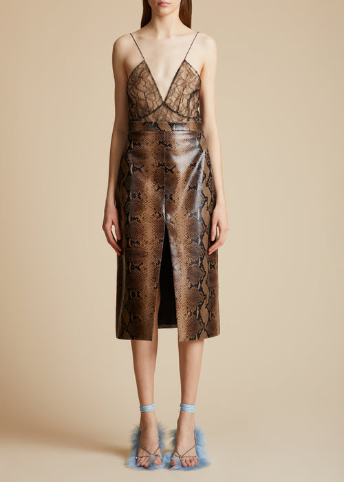 The Fraser Skirt in Brown Python-Embossed Leather– KHAITE