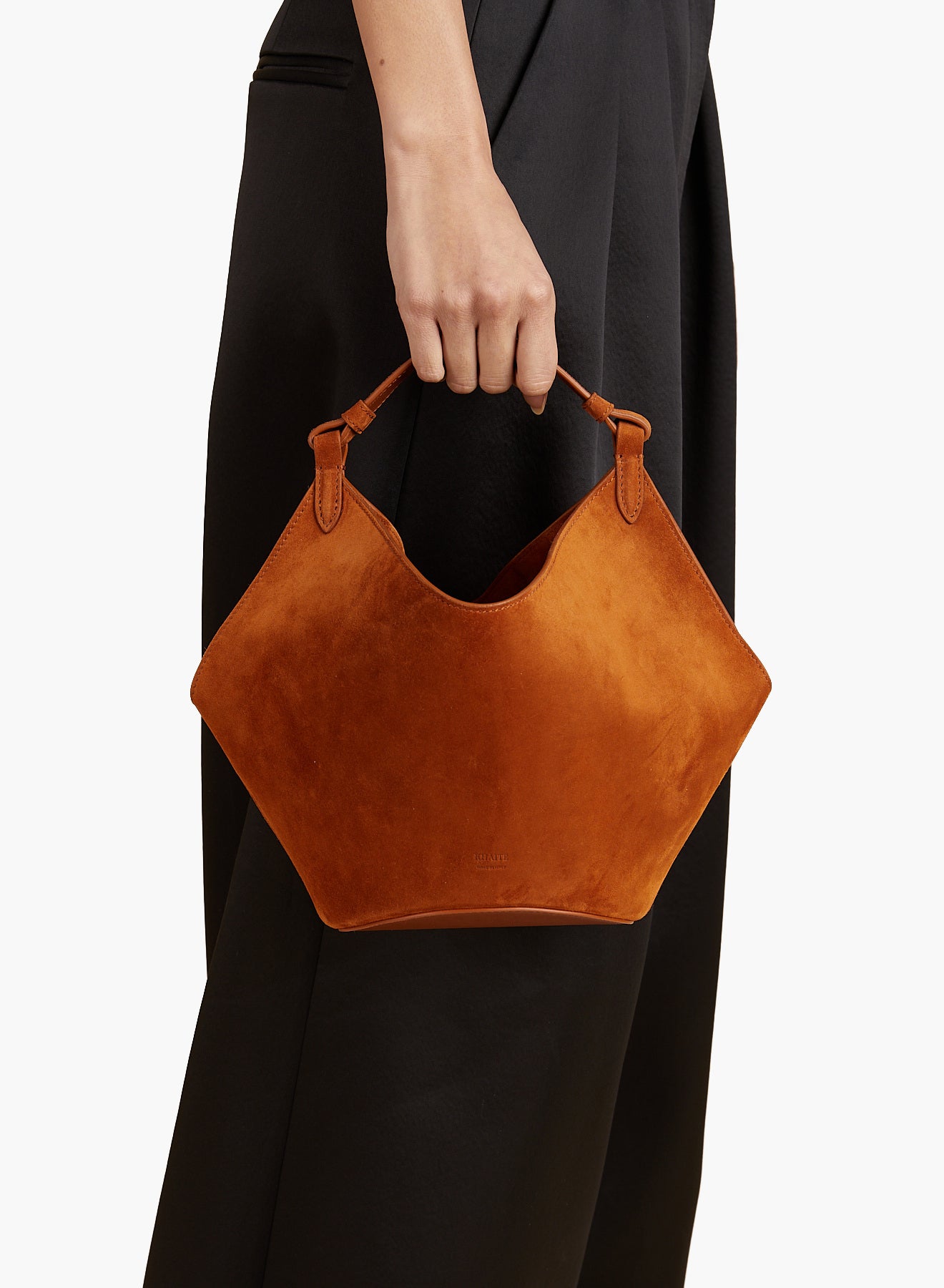 Mini Lotus Bag in Caramel Suede ON FIGURE VIEW