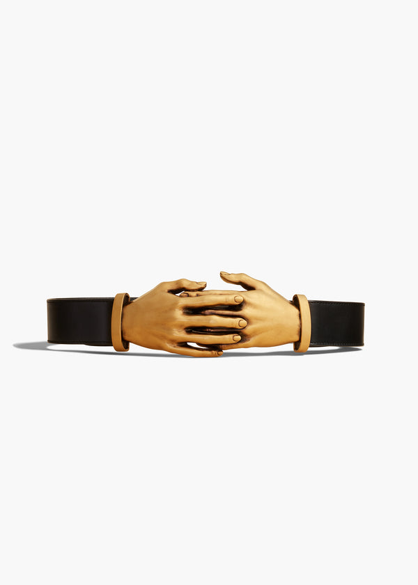 HAND BELT IN GOLD AND BLACK LEATHER FRONT VIEW