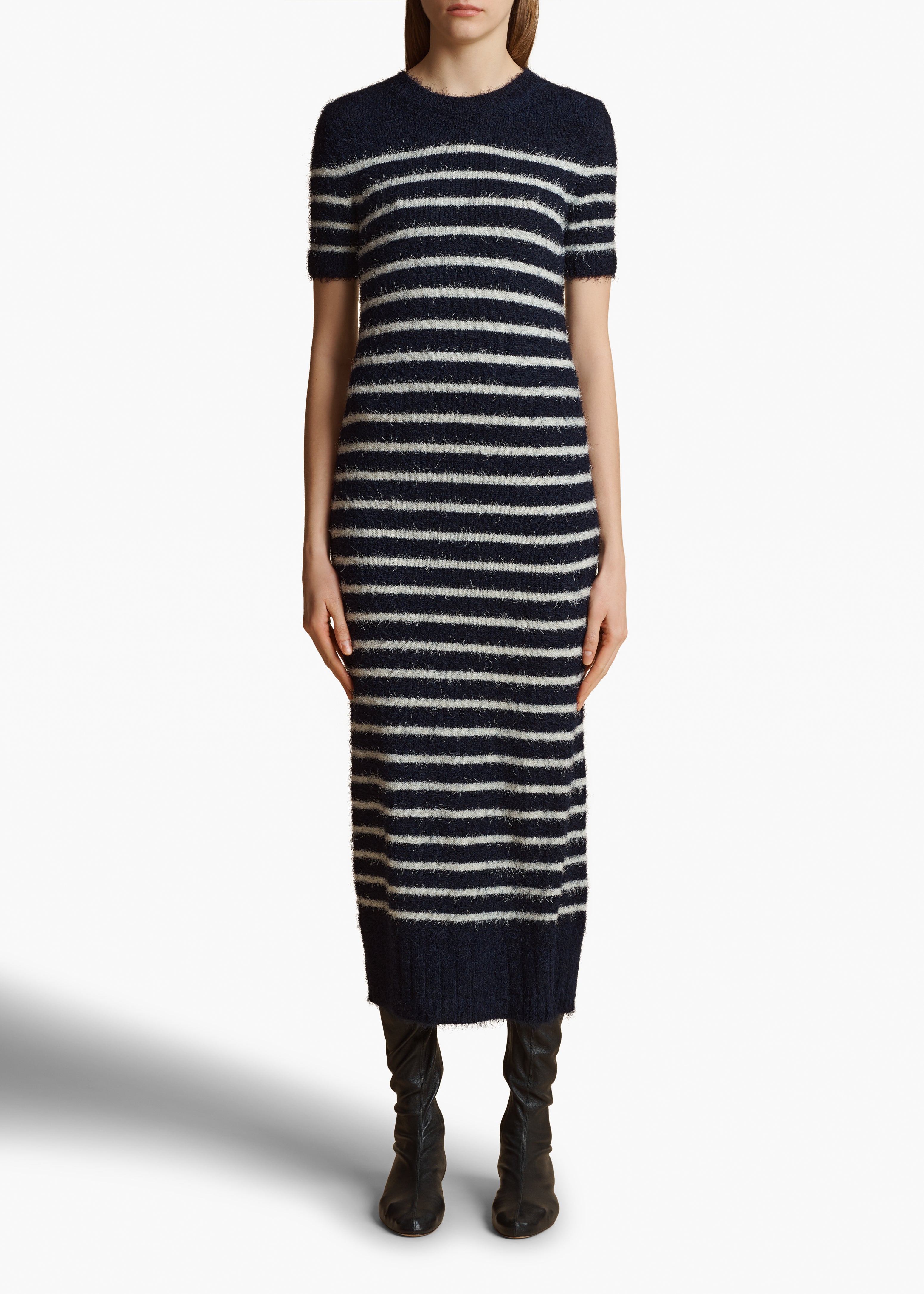 HELEN DRESS IN NAVY CREAM STRIPE FRONT VIEW