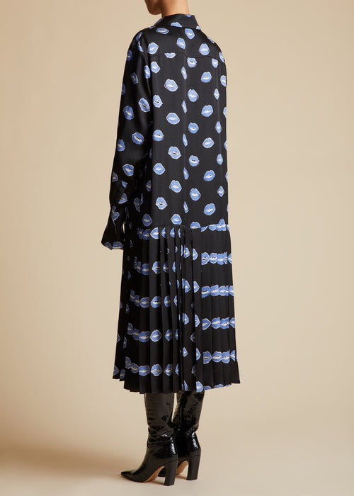 The Helli Dress in Black with Cornflower Lip Print