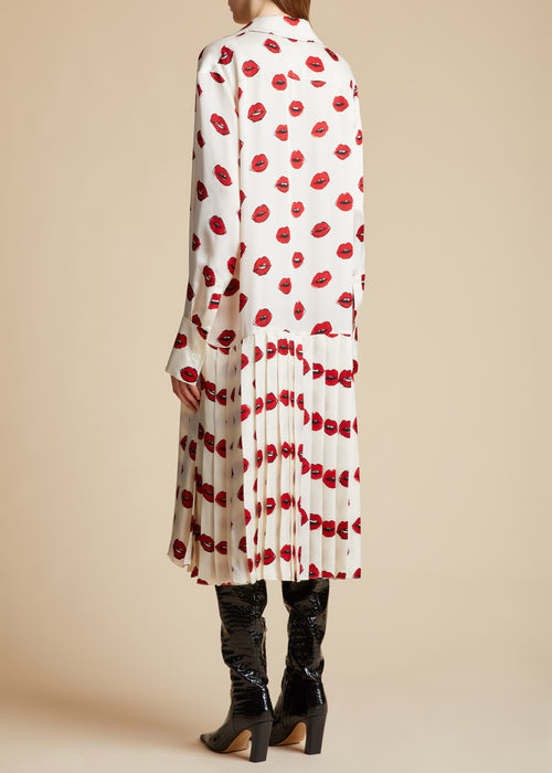 The Helli Dress in Cream with Red Lip Print