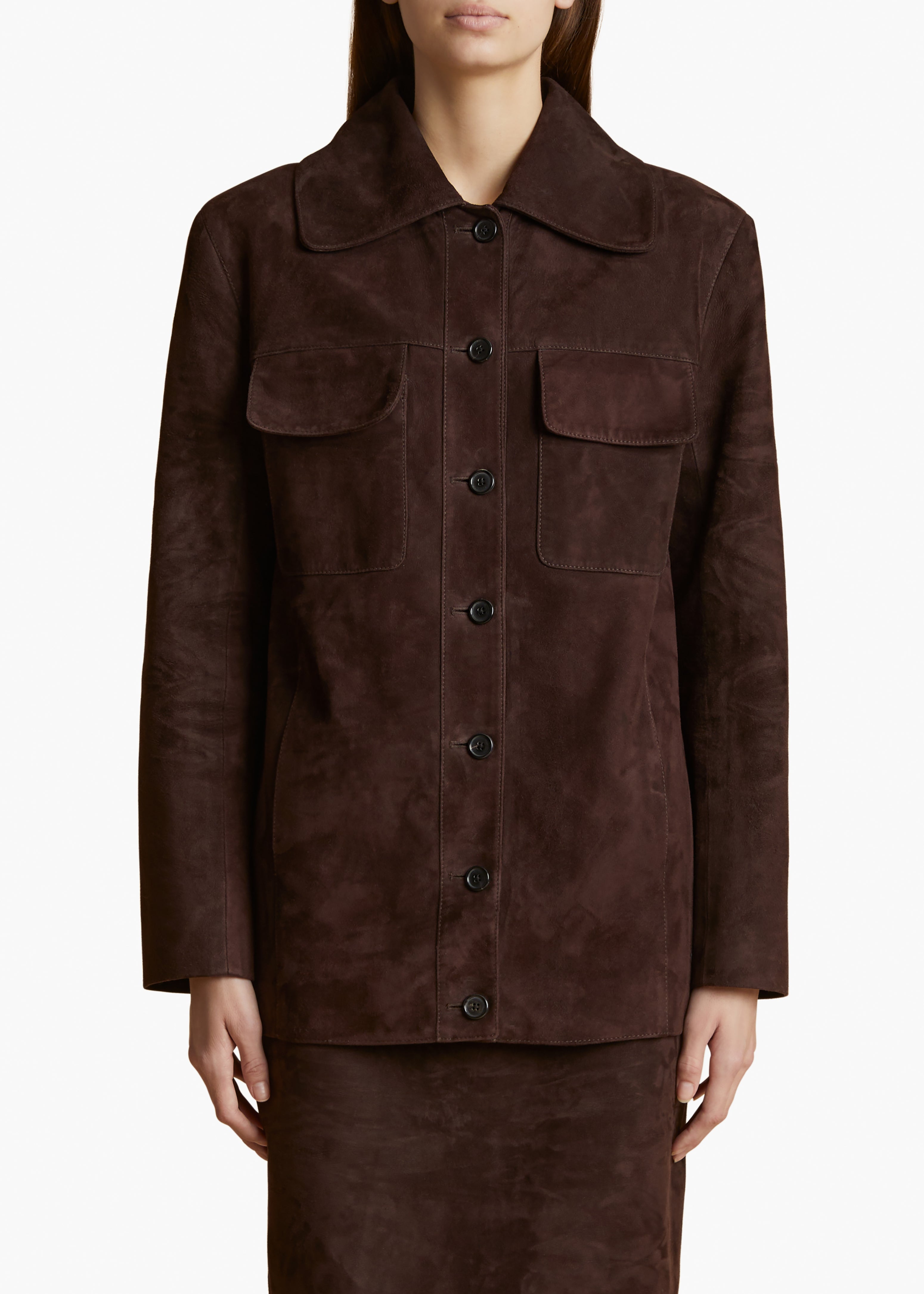 IANA JACKET IN DARK BROWN SUEDE FRONT VIEW