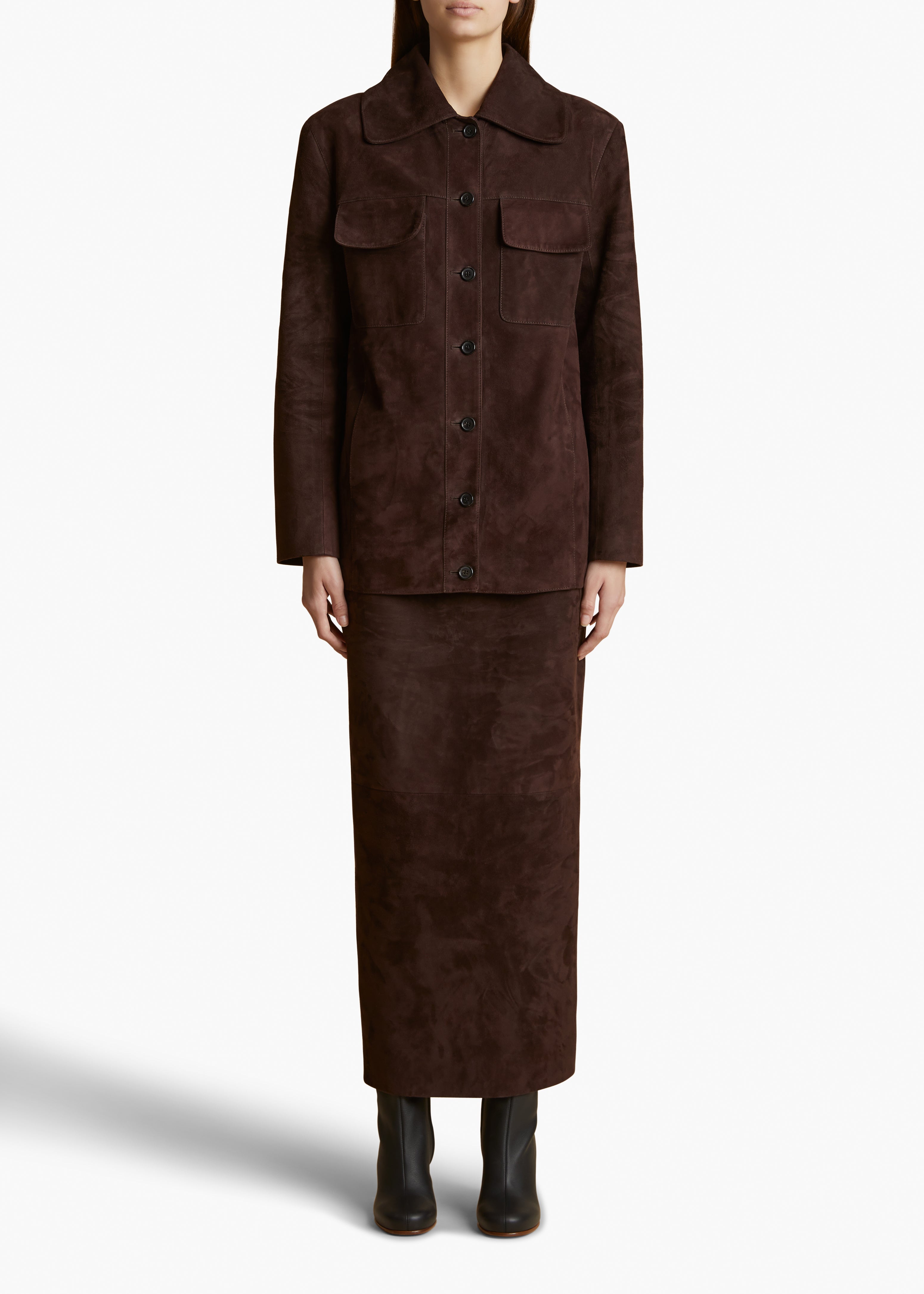 KHAITE LLC - Loxley Skirt in Dark Brown Suede