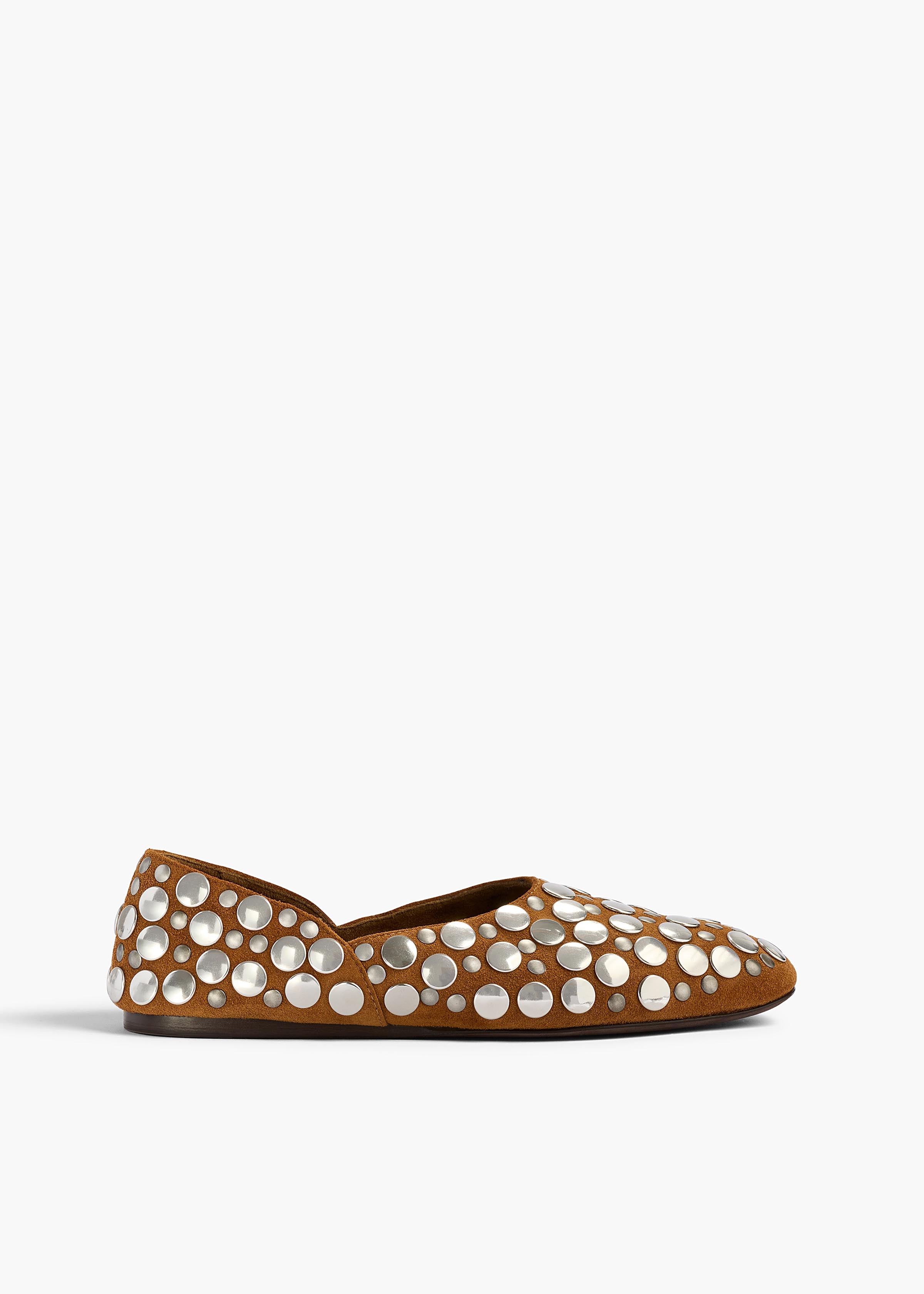 Jane Flat in Caramel Suede with Silver Studs
