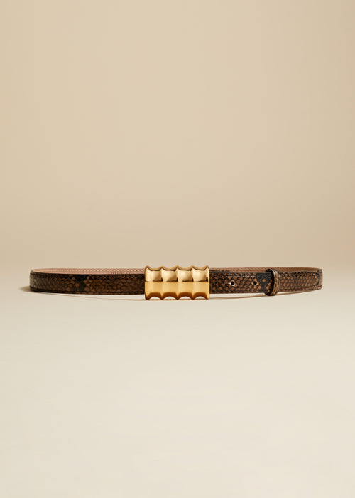 Julius Small Snake Effect Leather Belt in Brown - Khaite