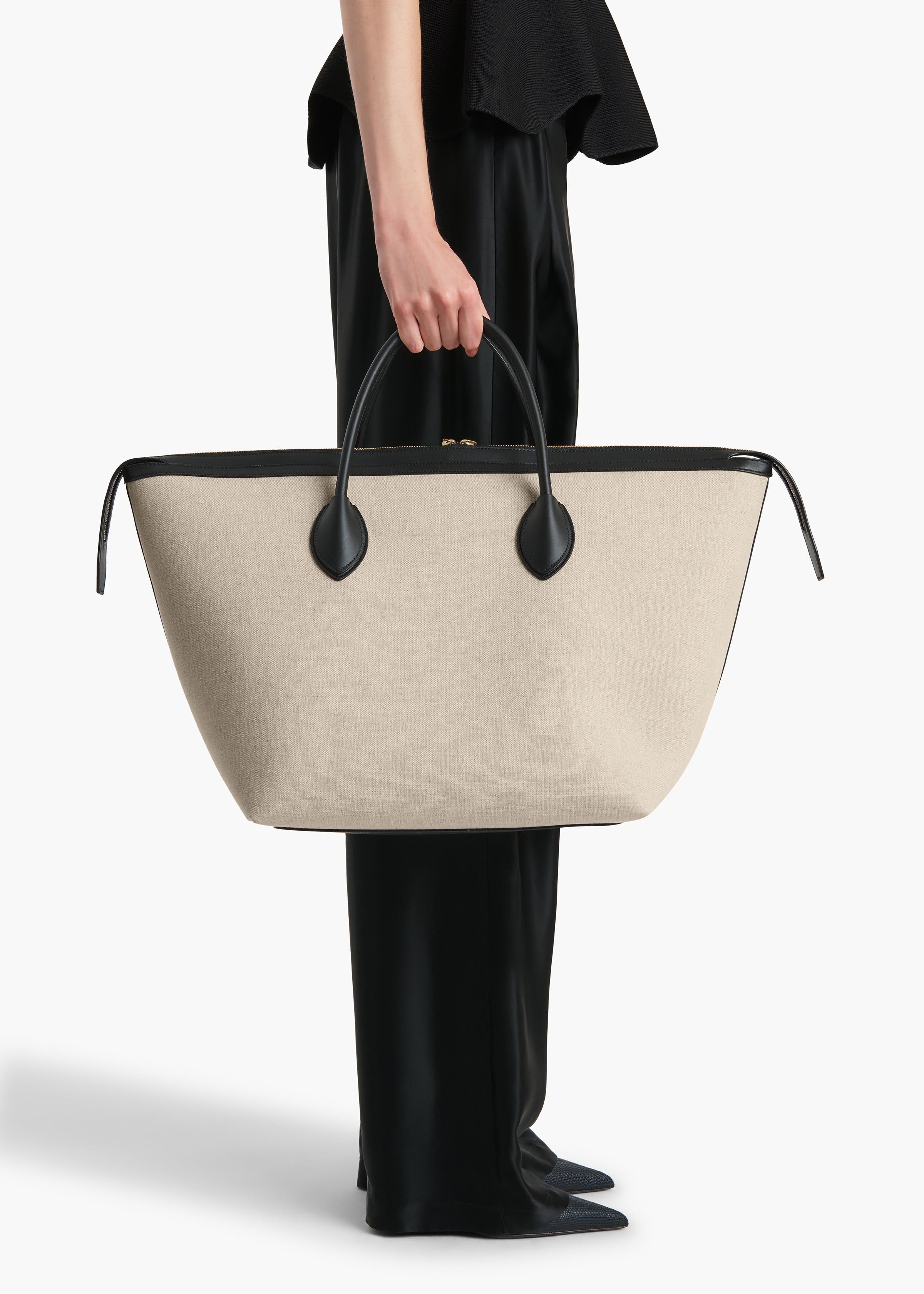 Kasia Tote in Black Leather and Natural Canvas