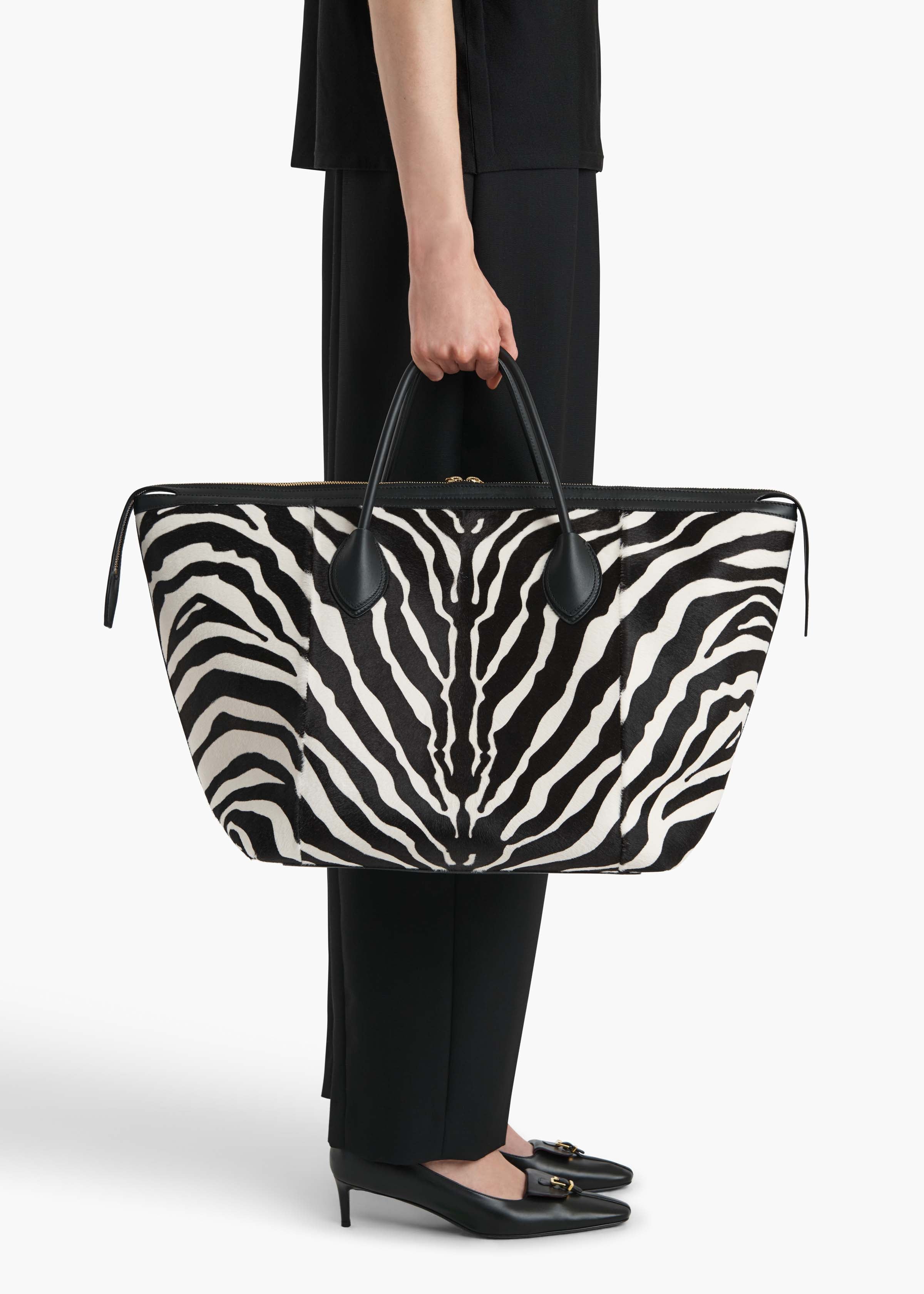 Kasia Tote in Black Leather with Zebra Print Haircalf – KHAITE