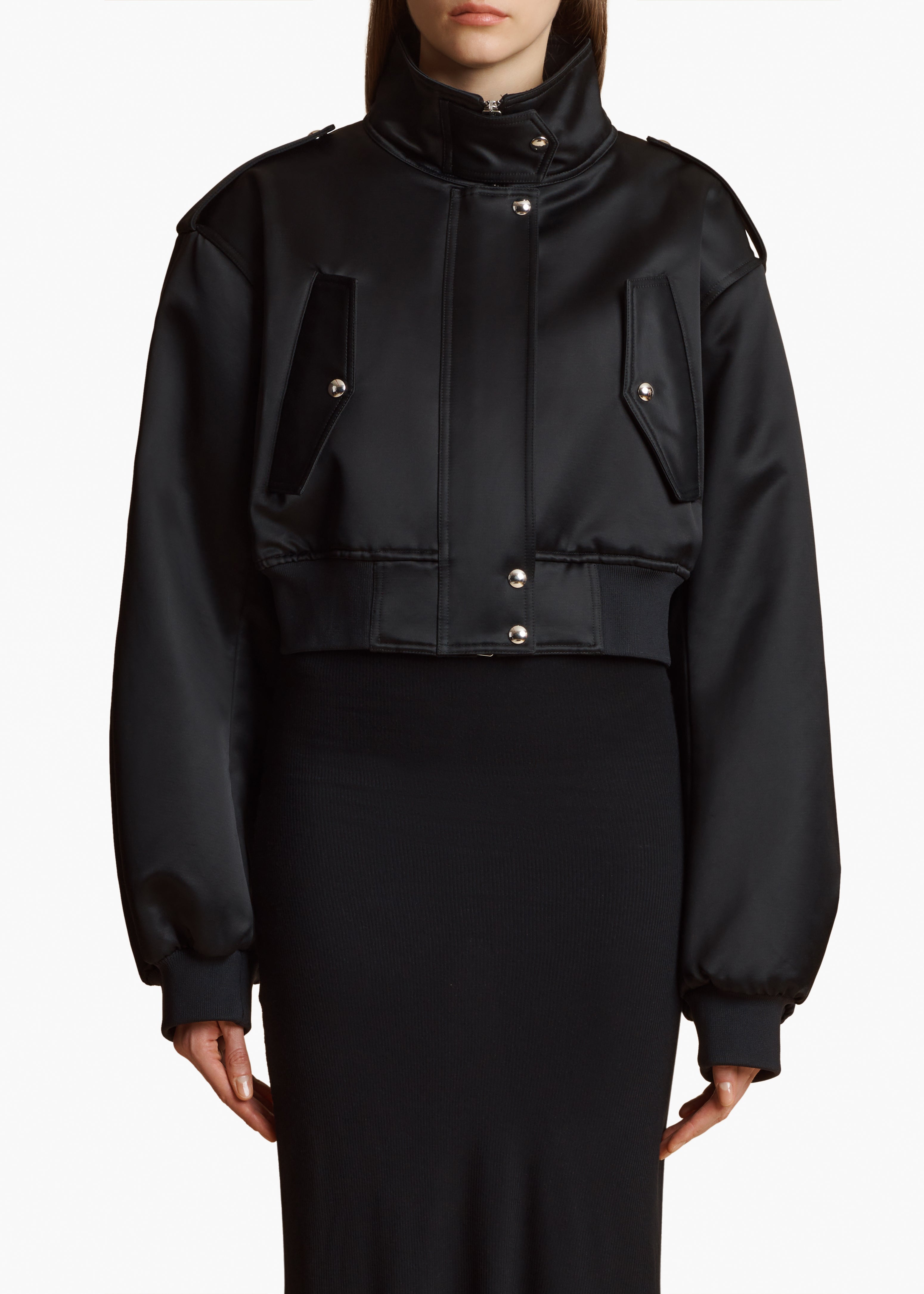 KEMBER JACKET IN BLACK SATIN FRONT VIEW