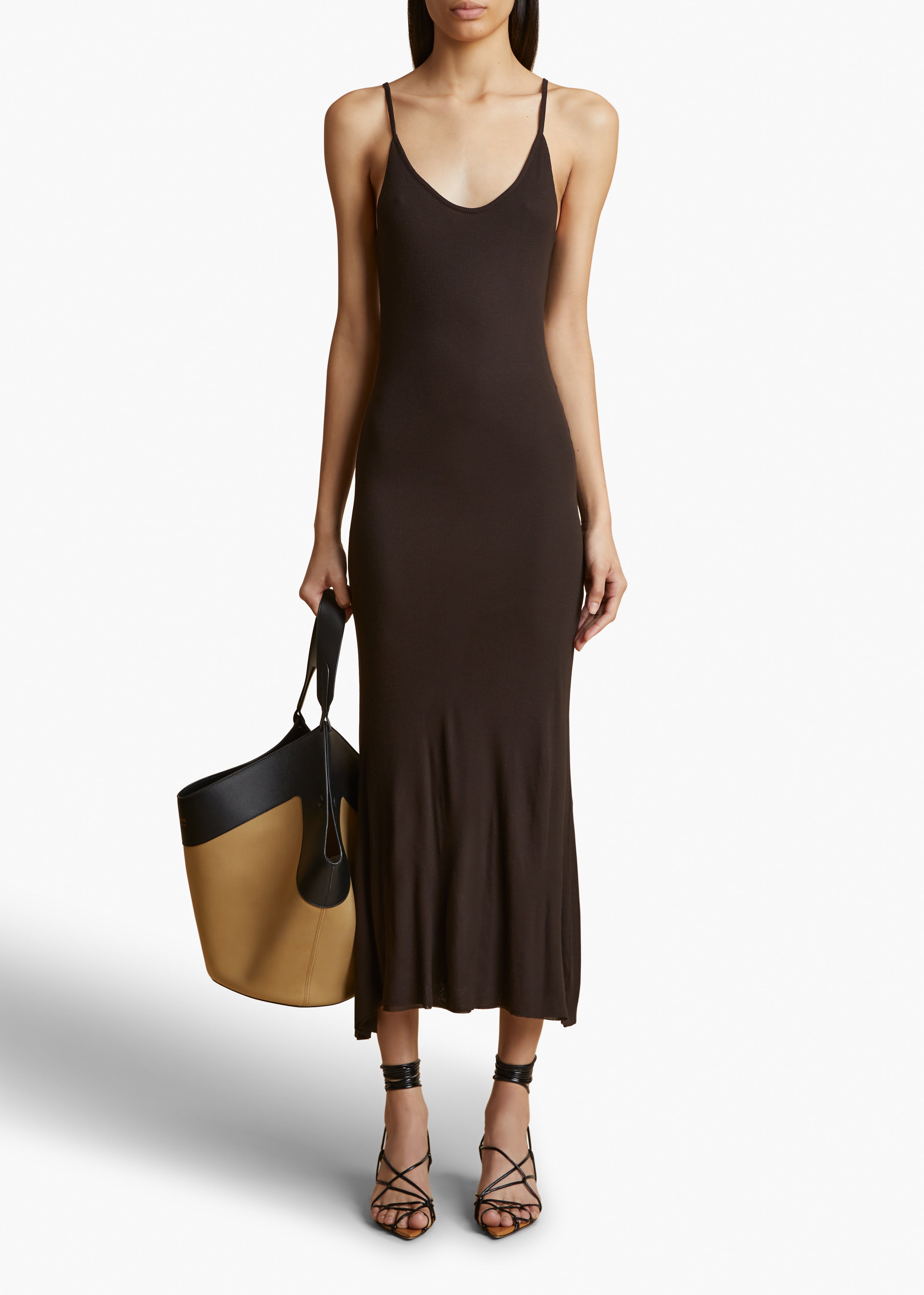 LEESAL DRESS IN DARK BROWN FRONT VIEW STYLED