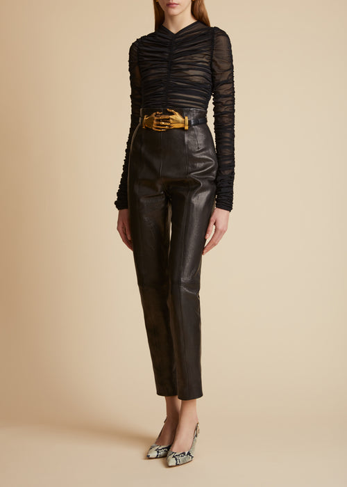 The Sculpted Hands Belt in Black Leather with Antique Gold