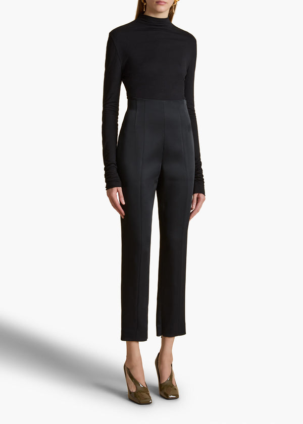 LENN PANT BLACK CREPE SATIN STYLED VIEW