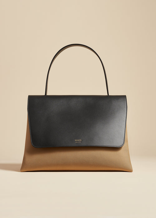 The Large Lia Bag in Black Leather and Honey Canvas