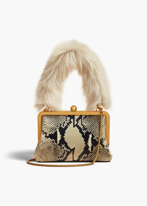 Small Lilith Evening Bag in Natural Python-Embossed Leather with Shearling