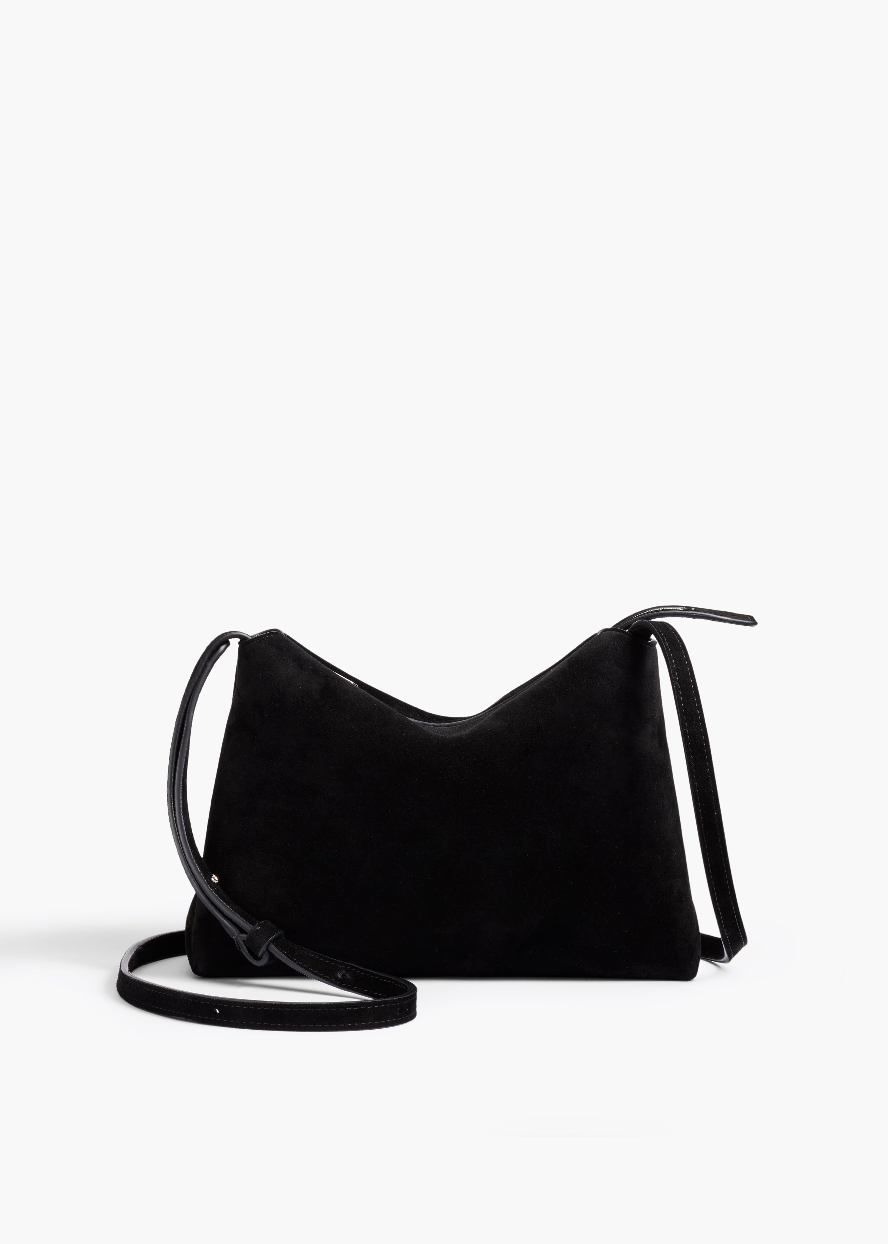 LINA MEDIUM CROSSBODY IN BLACK SUEDE FRONT VIEW WITH STRAP