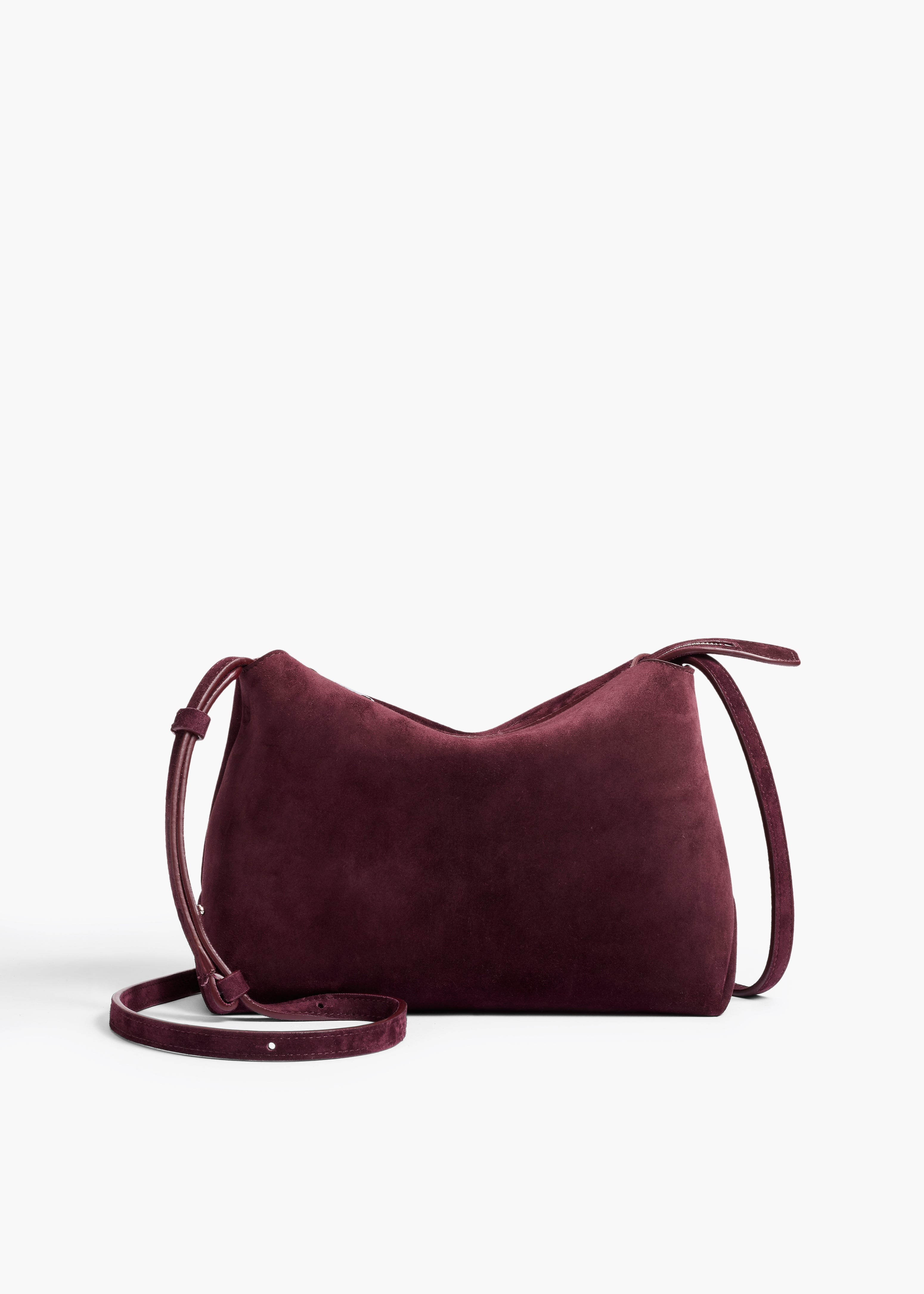 LINA MEDIUM CROSSBODY IN ROUGE NOIR SUEDE FRONT VIEW WITH STRAP