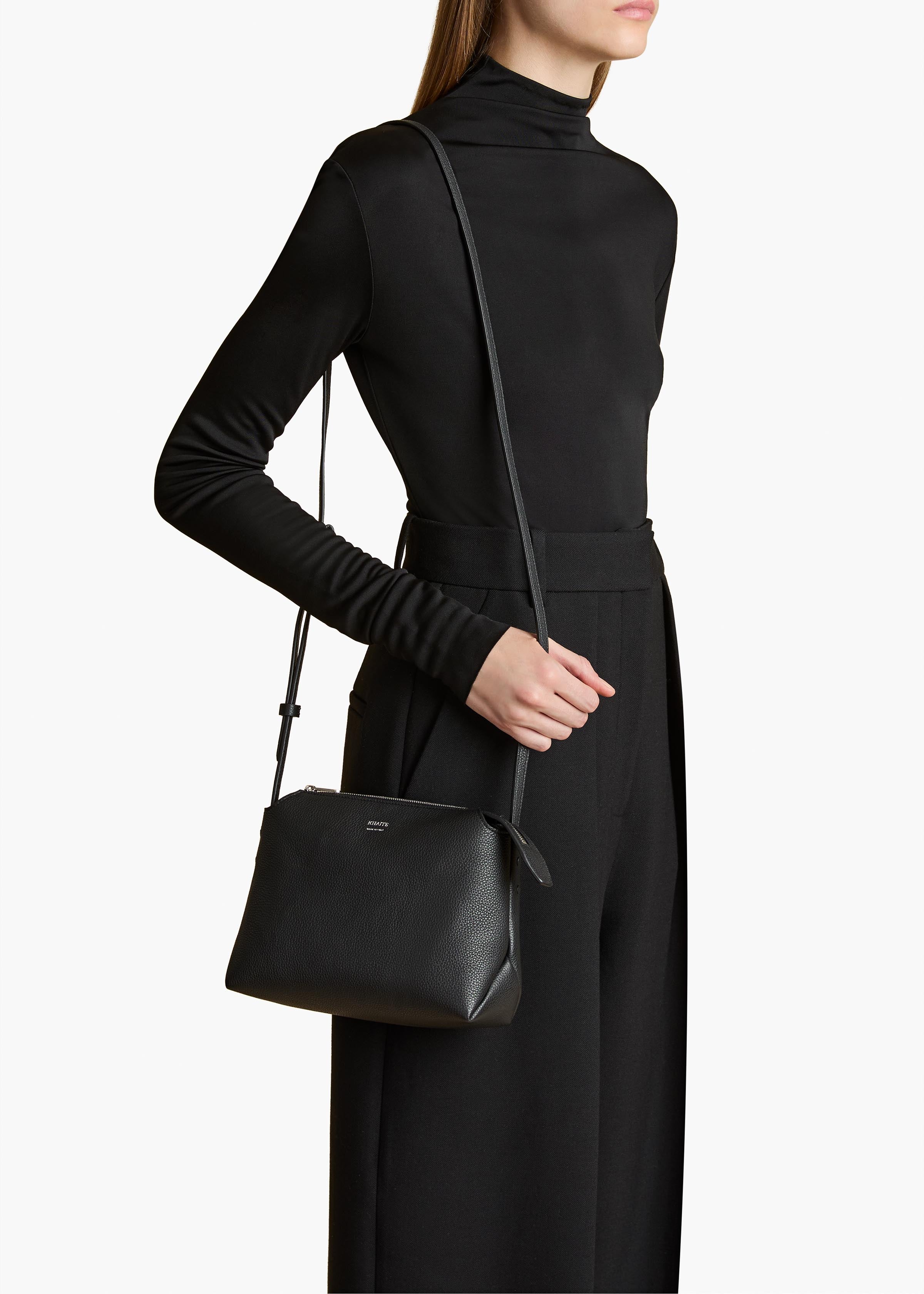 Lina Crossbody Bag in Black Pebbled Leather ON FIGURE