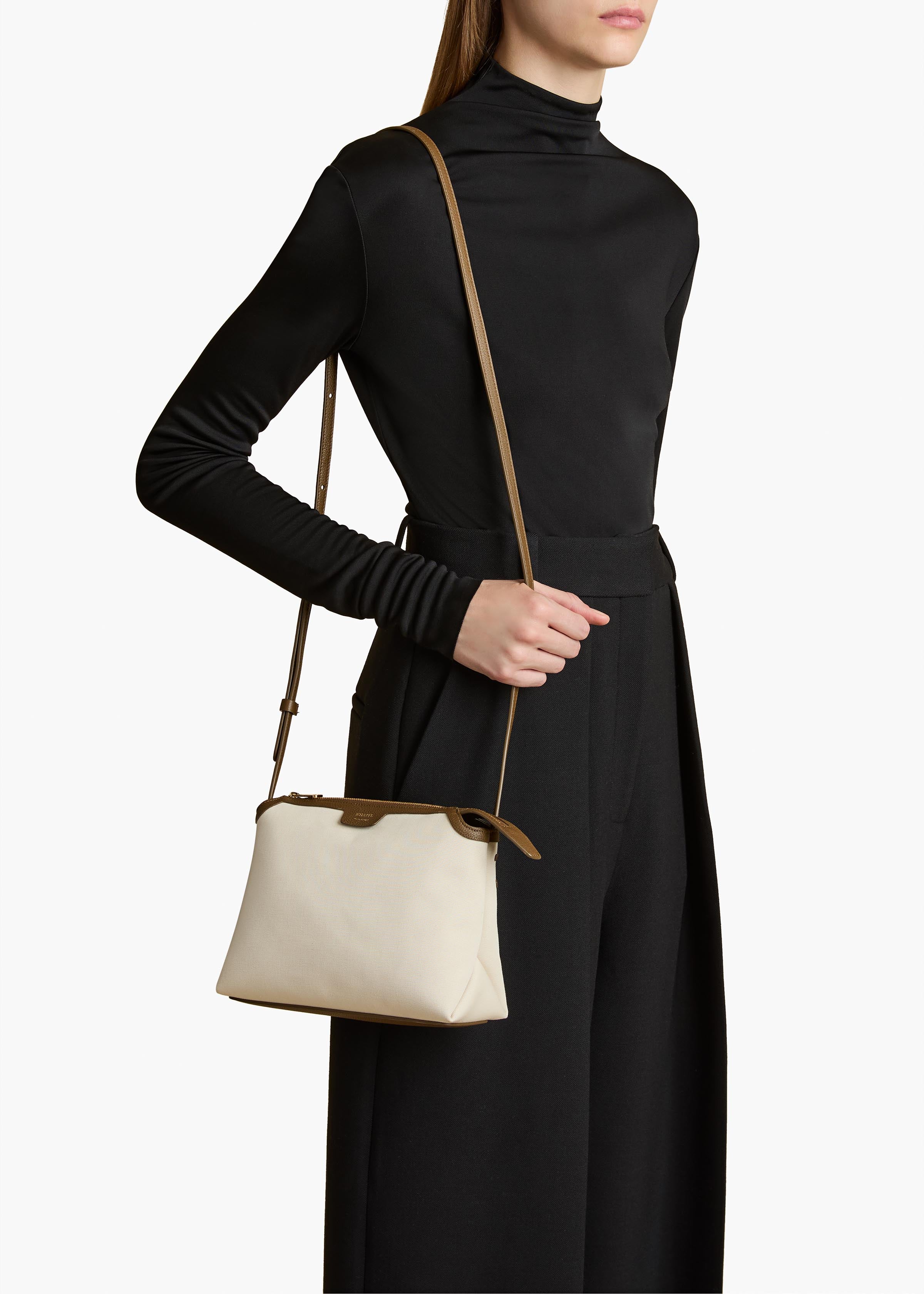 Lina Crossbody Bag in Dark Olive Leather and Cream Canvas ON FIGURE