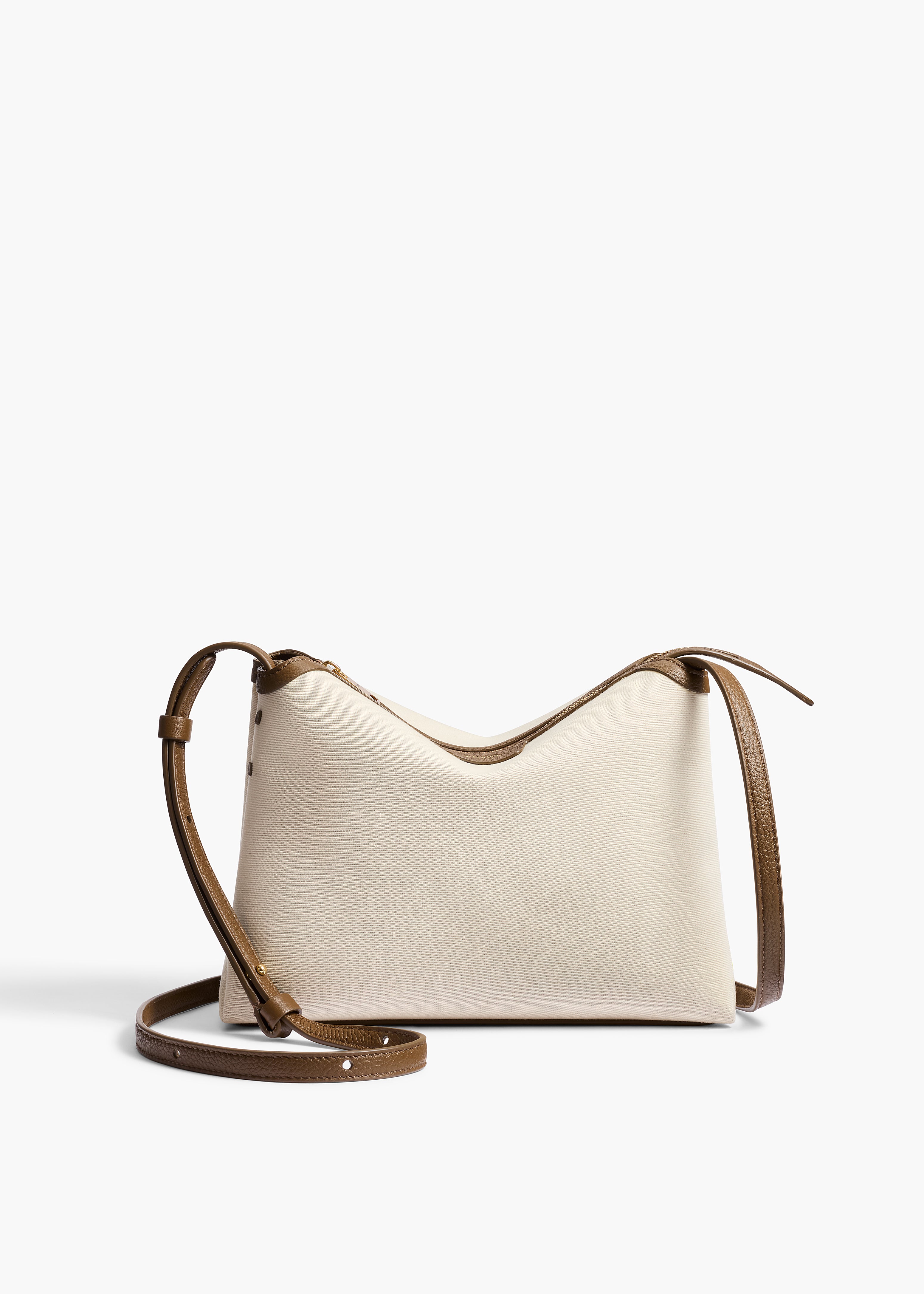 Lina Crossbody Bag in Dark Olive Leather and Cream Canvas FRONT VIEW