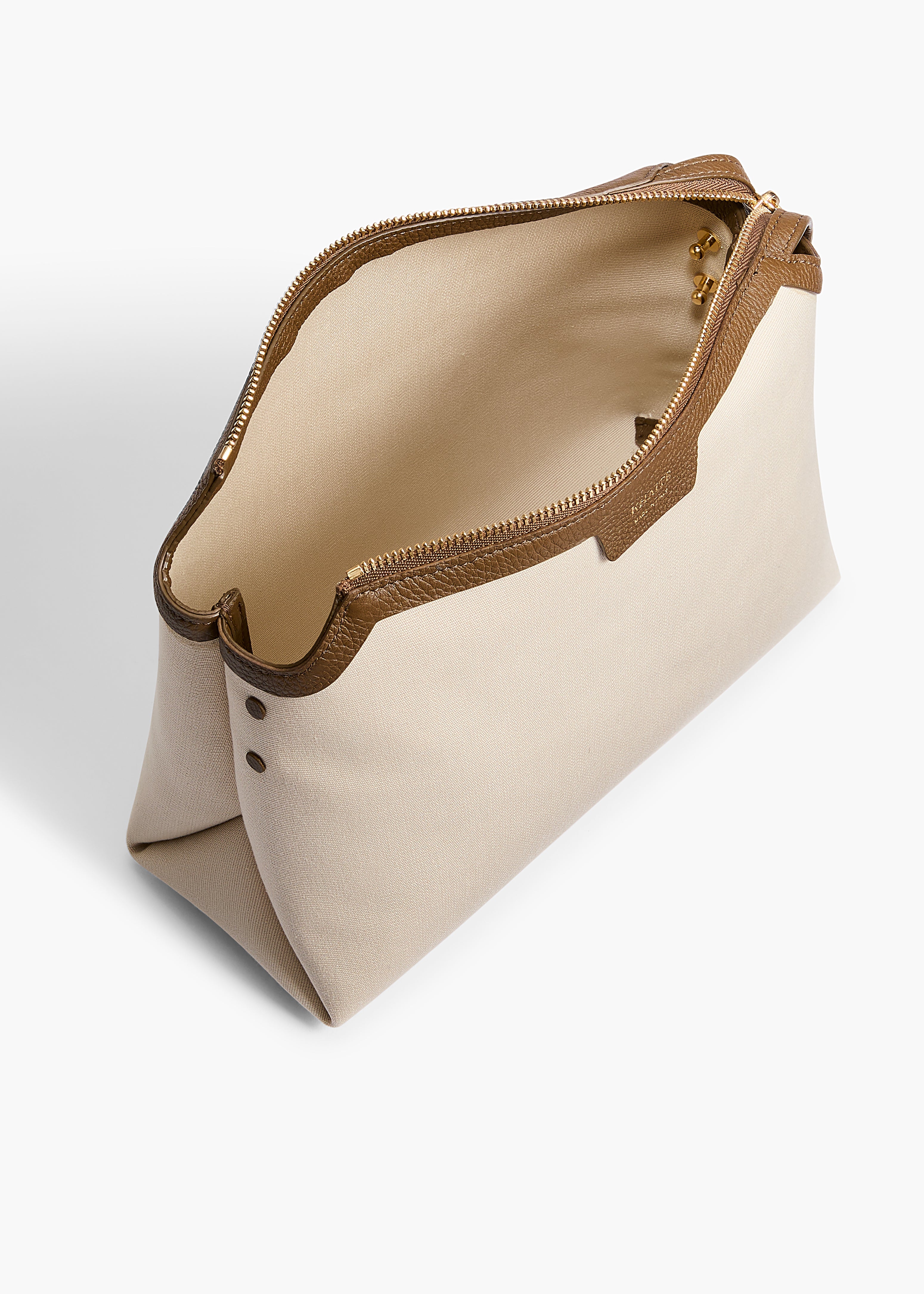 Lina Crossbody Bag in Dark Olive Leather and Cream Canvas OVERHEAD VIEW