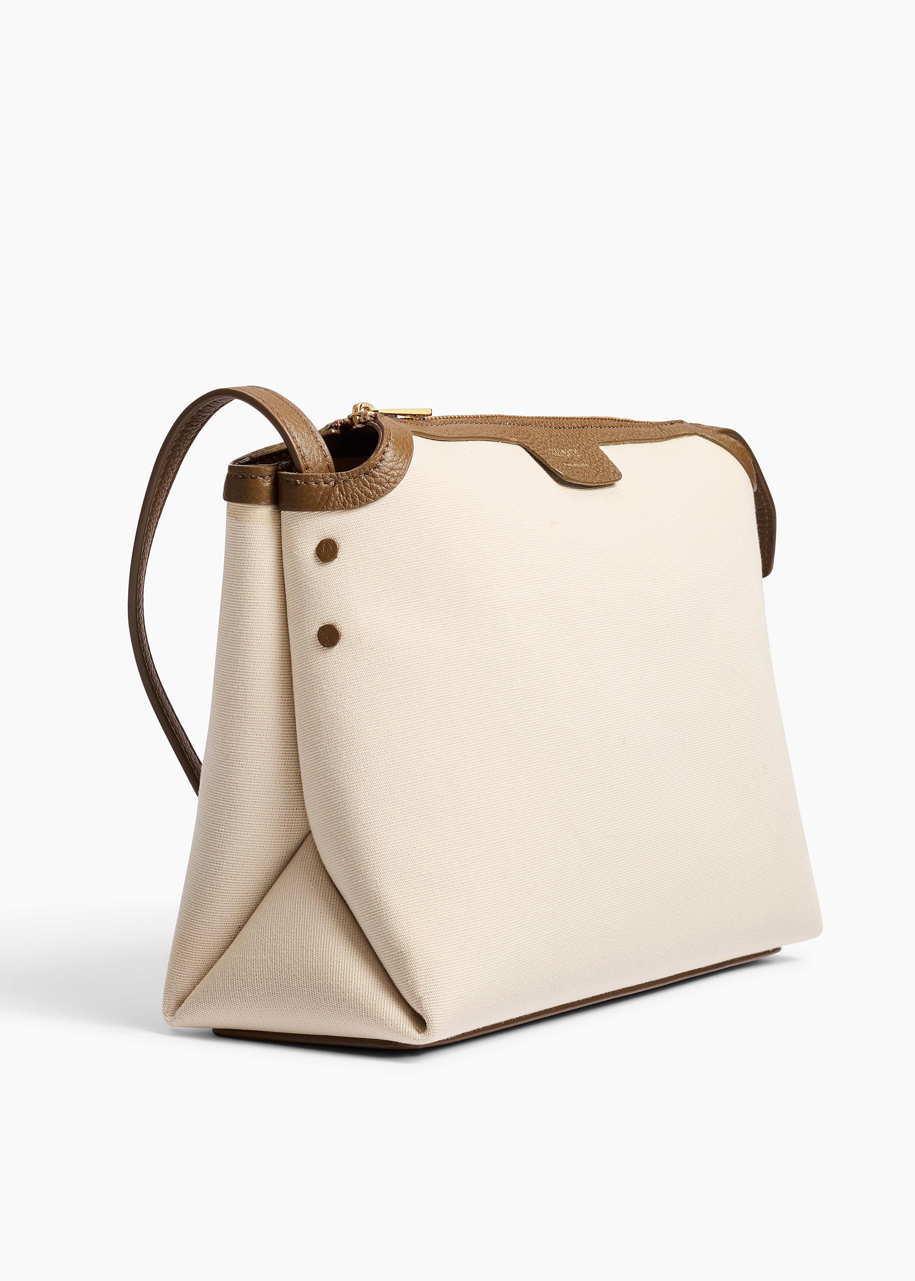 Lina Crossbody Bag in Dark Olive Leather and Cream Canvas DETAILED VIEW 1