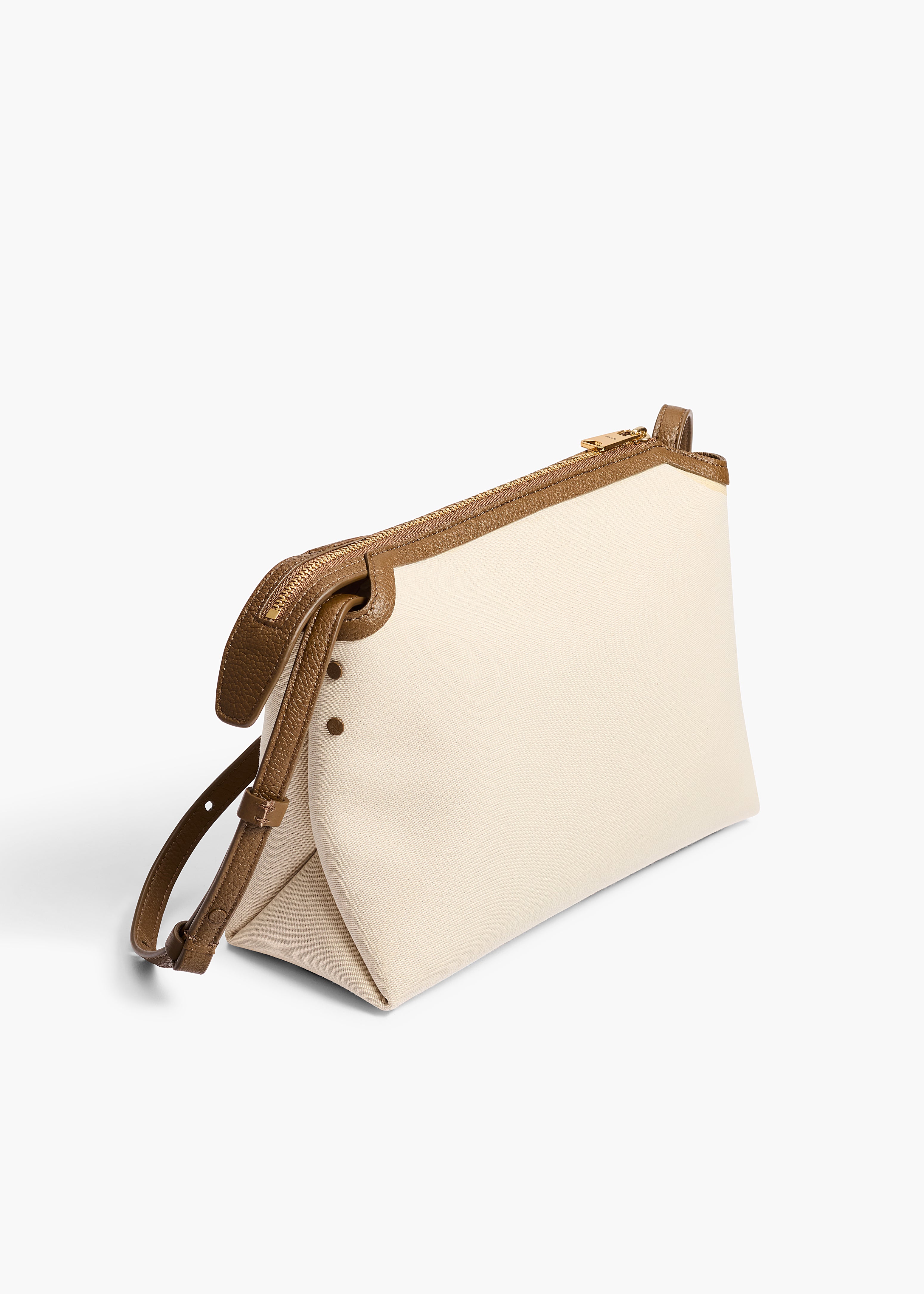 Lina Crossbody Bag in Dark Olive Leather and Cream Canvas