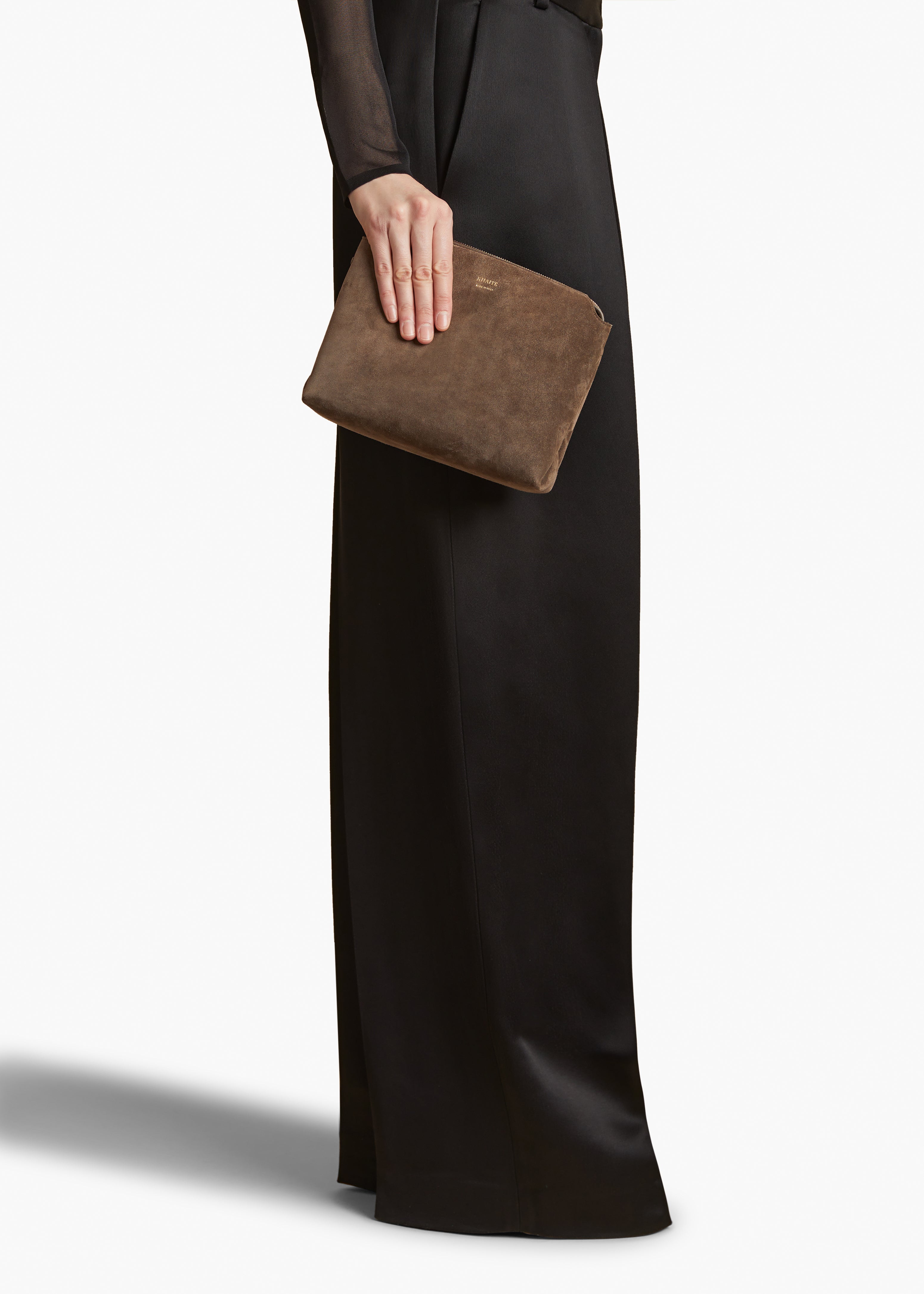 LINA MEDIUM CROSSBODY IN CEDAR SUEDE STYLED VIEW AS CLUTCH