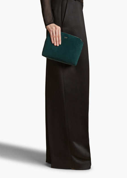 LINA MEDIUM CROSSBODY IN ENGLISH GREEN SUEDE STYLED VIEW AS CLUTCH