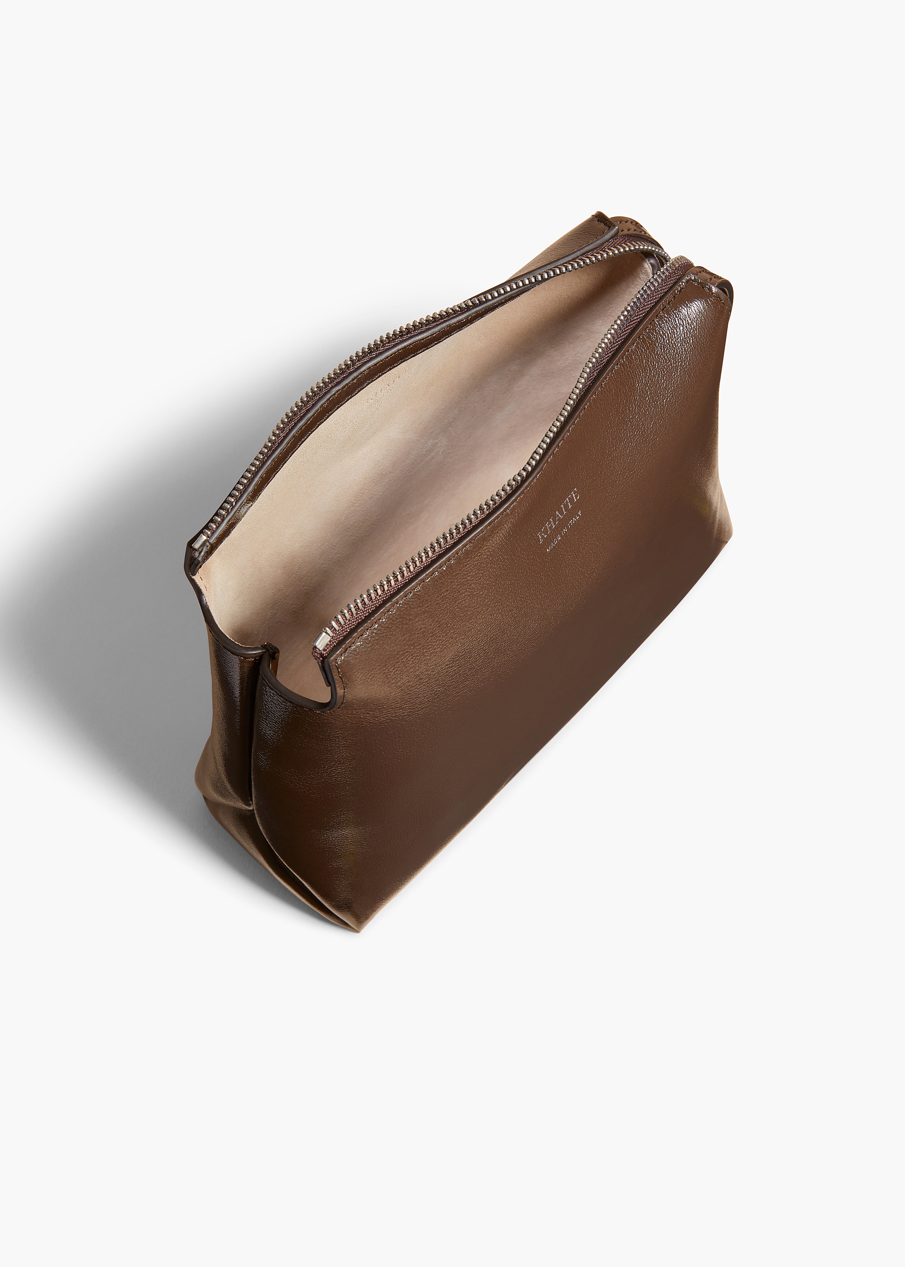 LINA SMALL POUCHETTE IN CHESTNUT CRACKLE PATENT LEATHER OVERHEAD VIEW