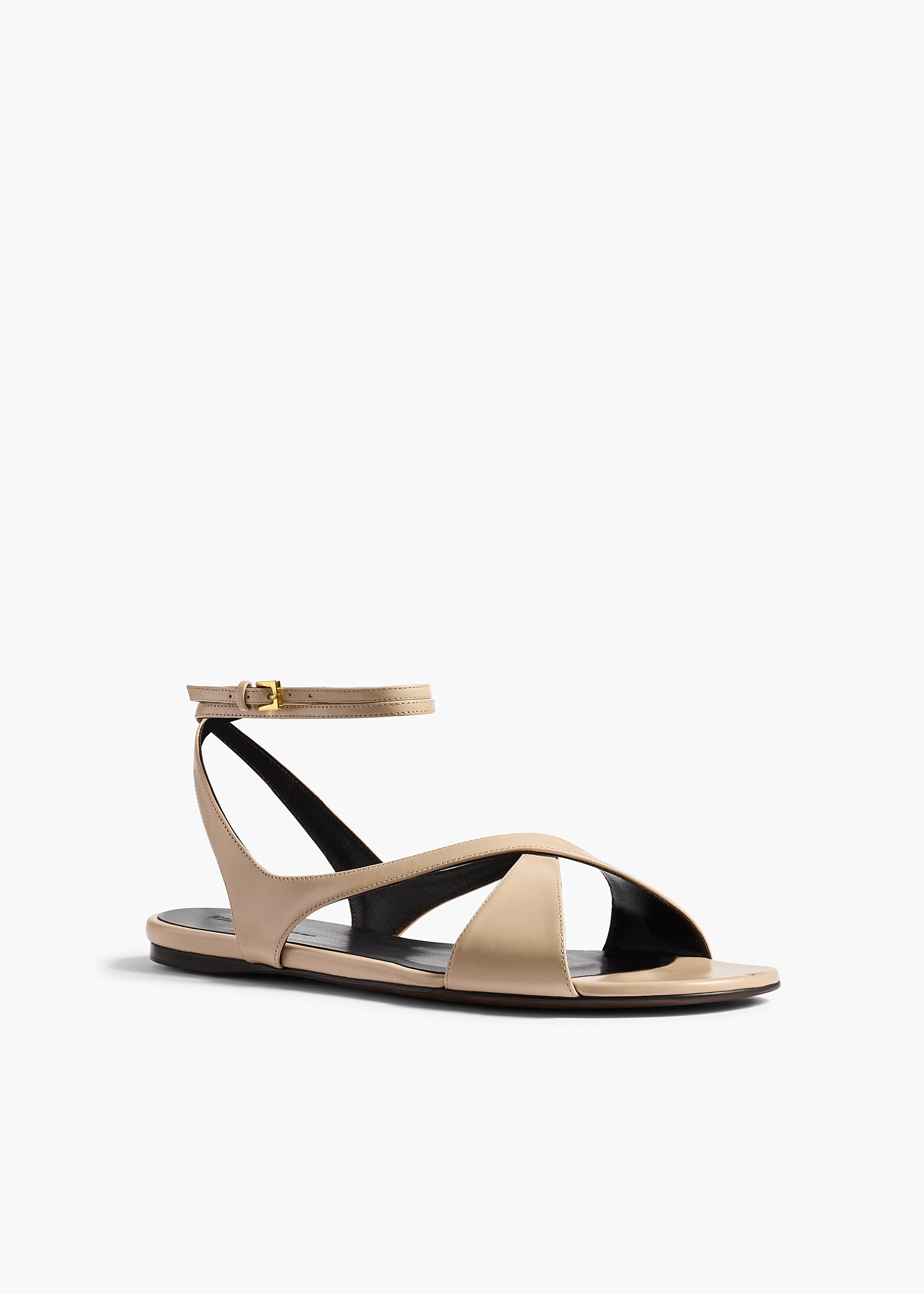 Liria Ankle Strap Flat Sandal in Nude Glazed Leather