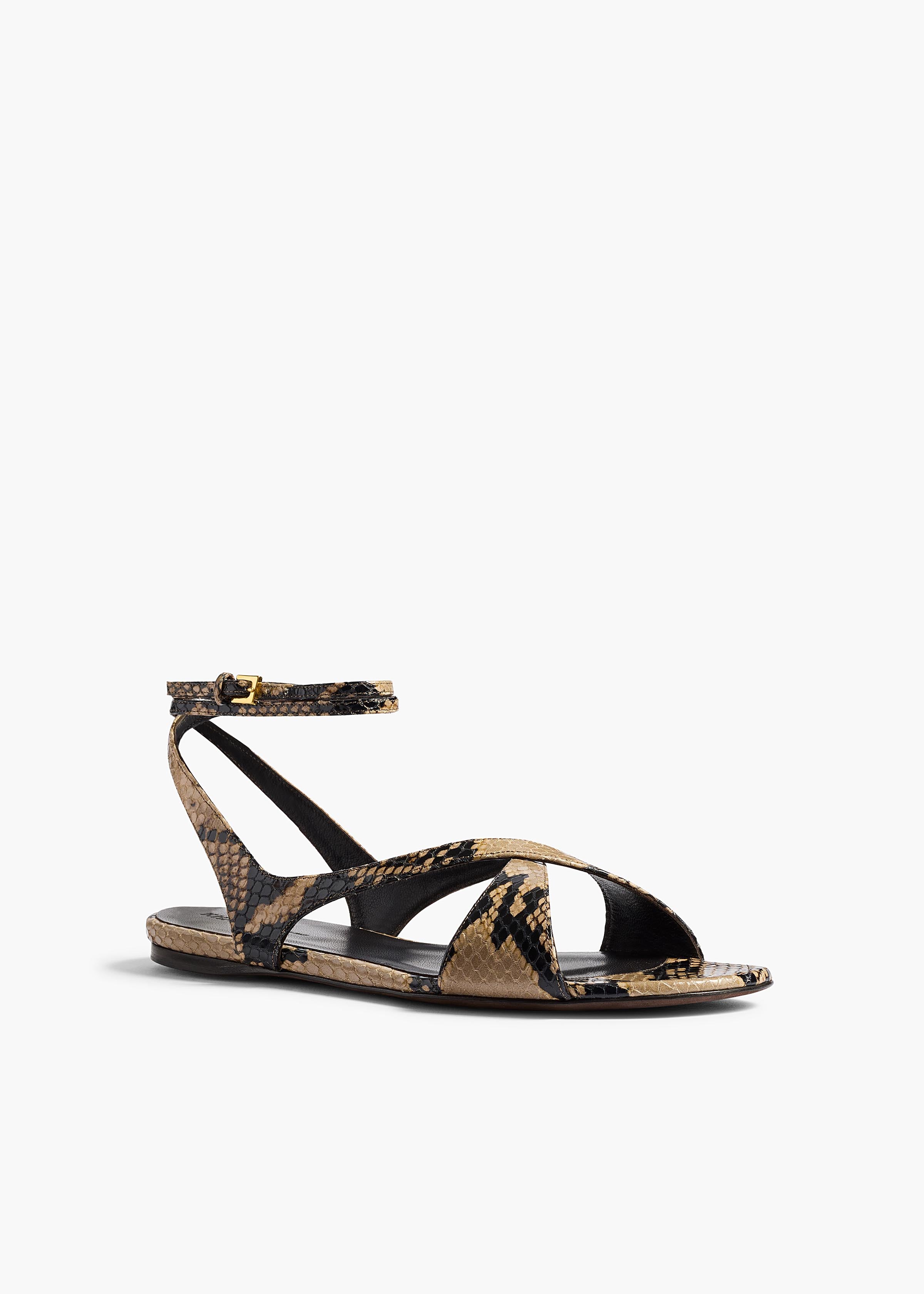 Liria Ankle Strap Flat Sandal in Python-Embossed Taupe