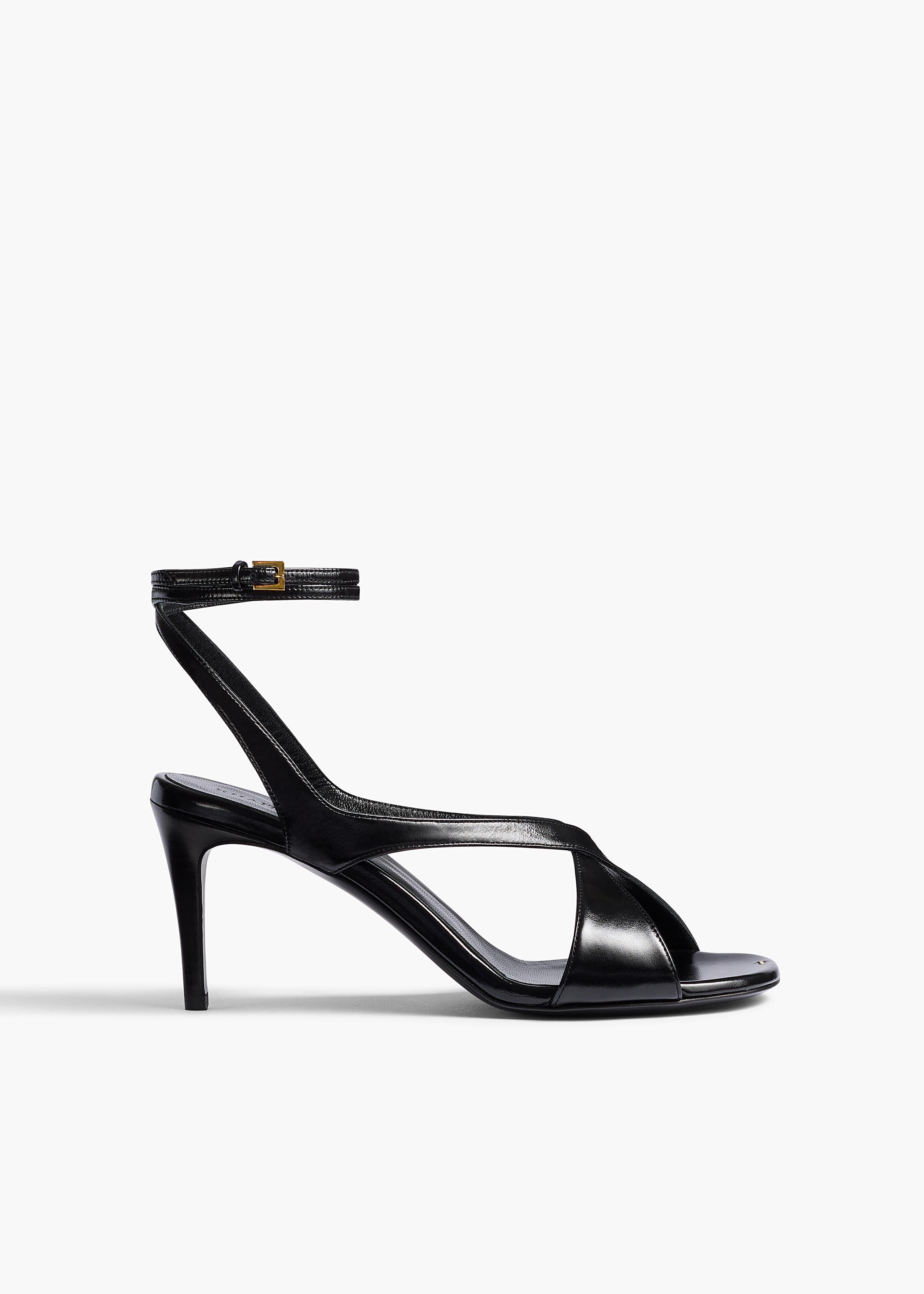Liria Ankle Strap Sandal in Black Glazed Leather