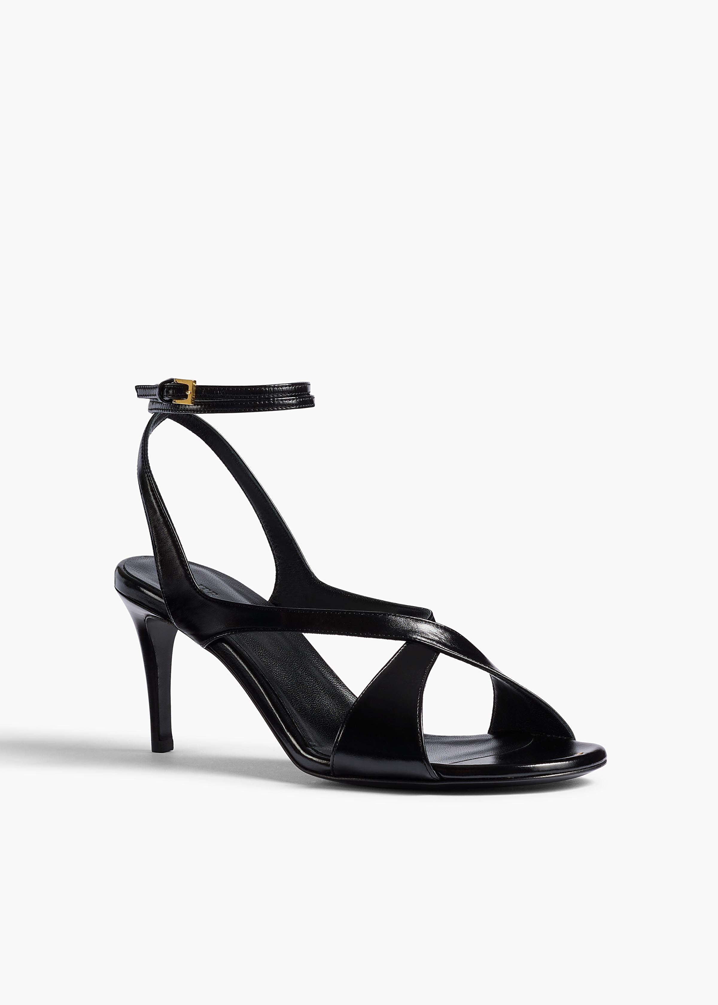 Liria Ankle Strap Sandal in Black Glazed Leather