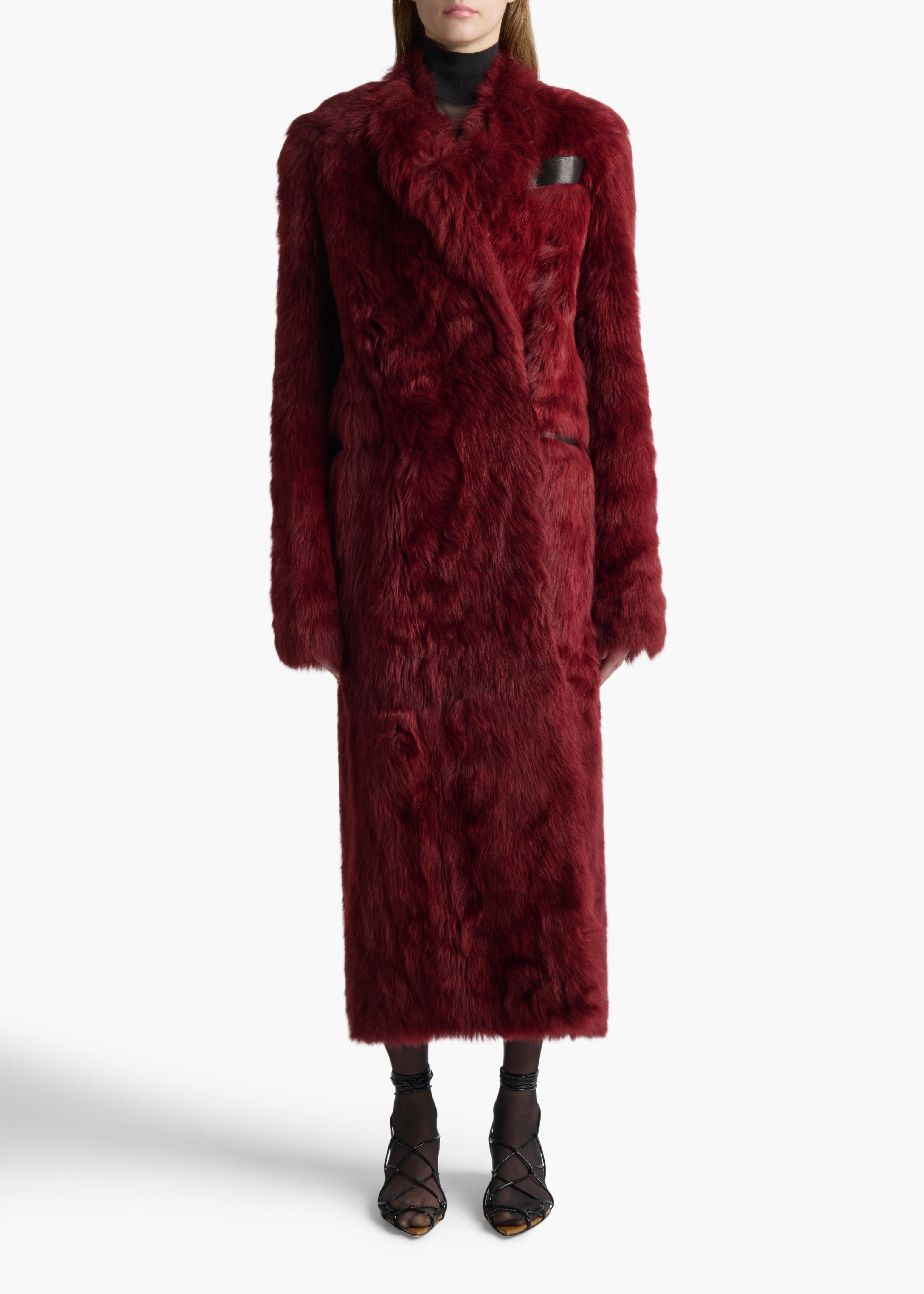 LOLO COAT IN OXBLOOD SHEARLING FRONT VIEW