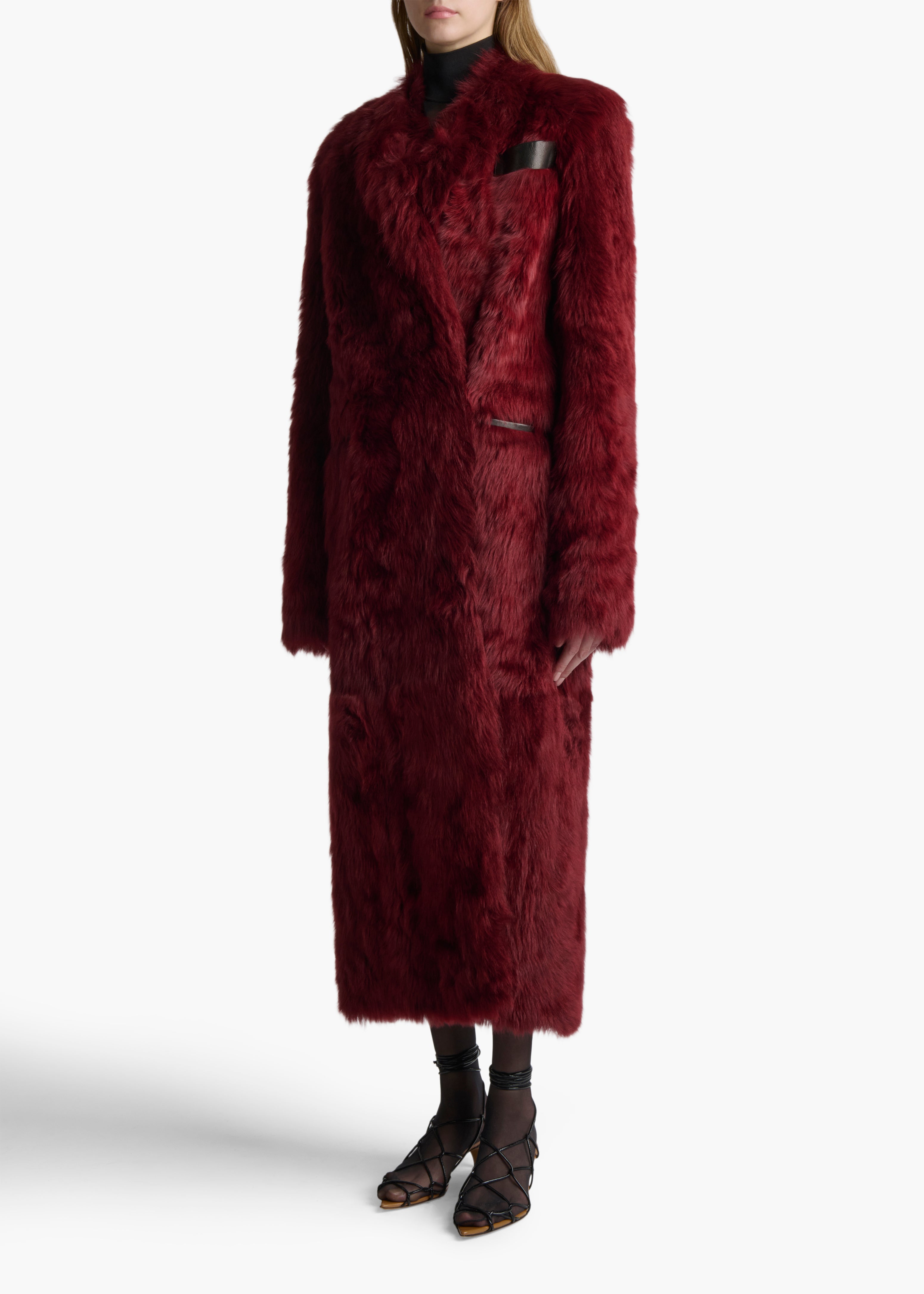 LOLO COAT IN OXBLOOD SHEARLING FRONT VIEW STYLED