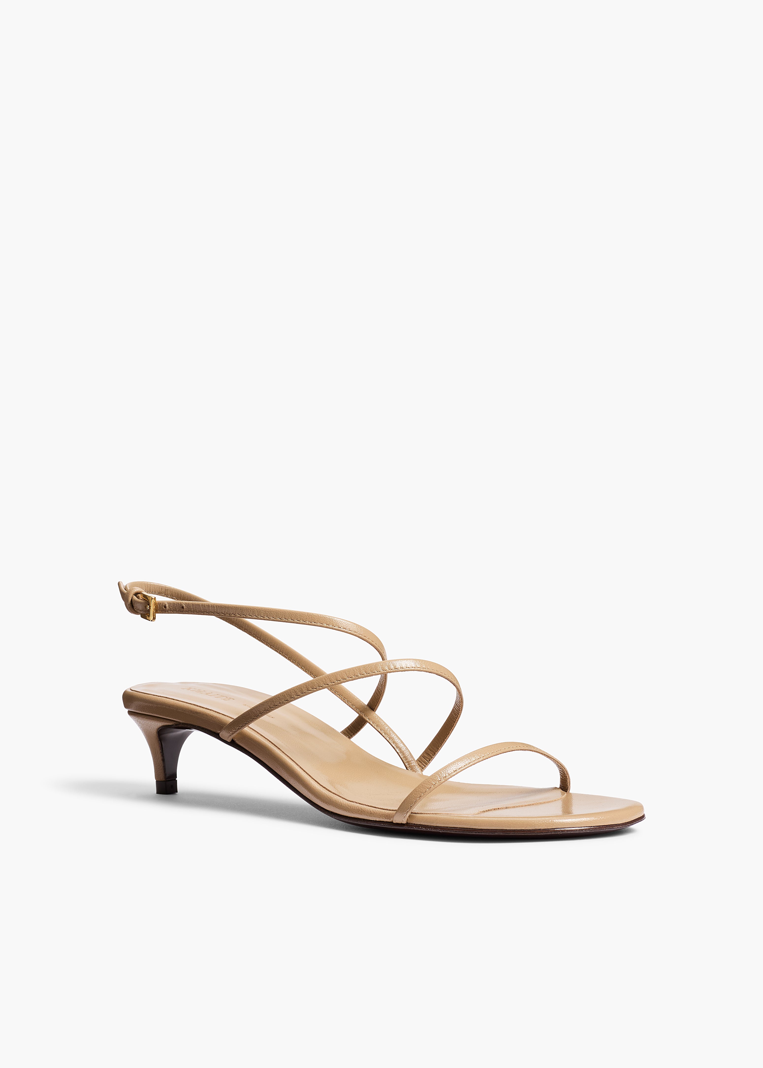 Loop Kitten Heel Sandal in Beige Leather ANGLED VIEW