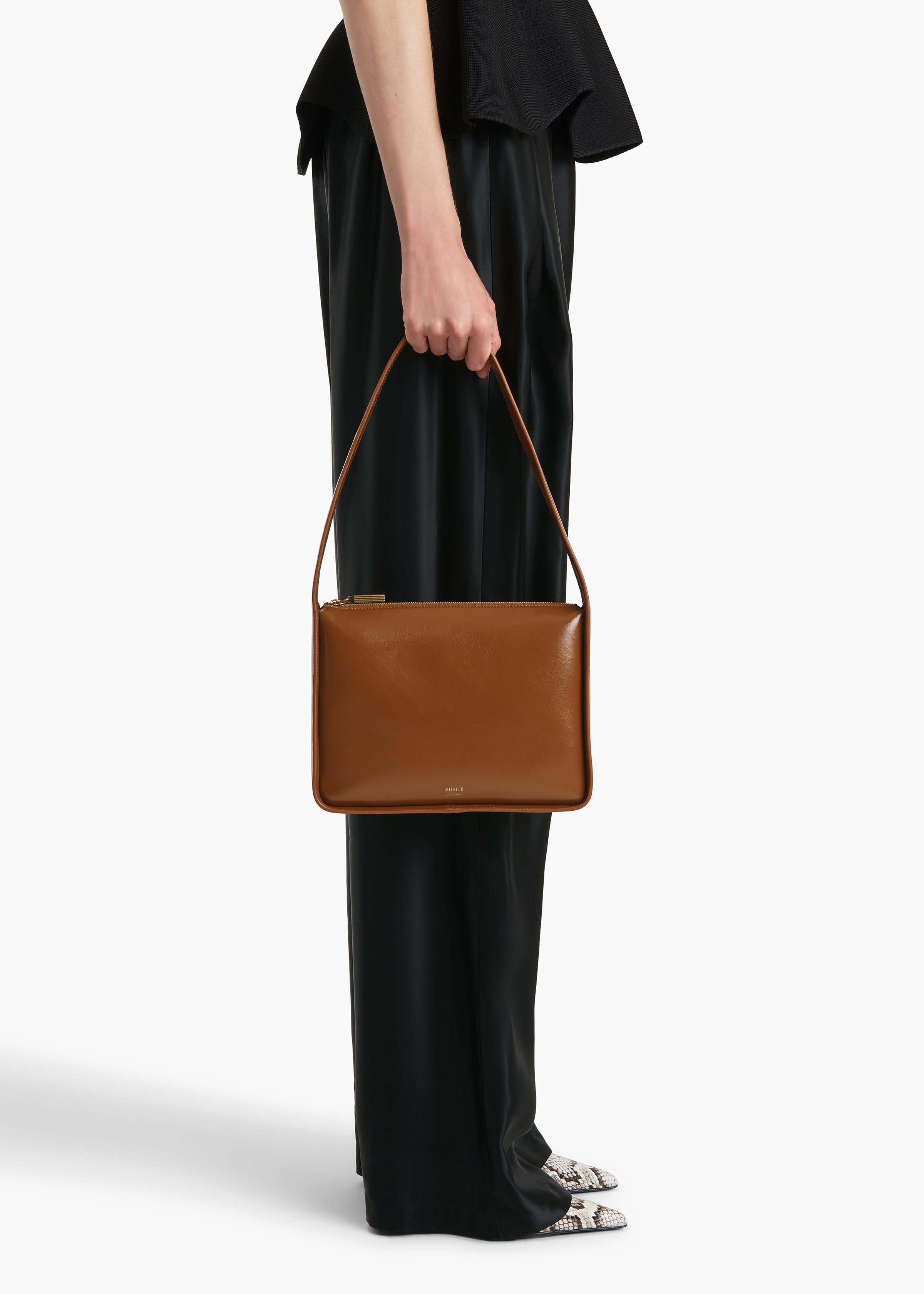 Lori Squared Bag in Dark Honey Crackle Patent Leather