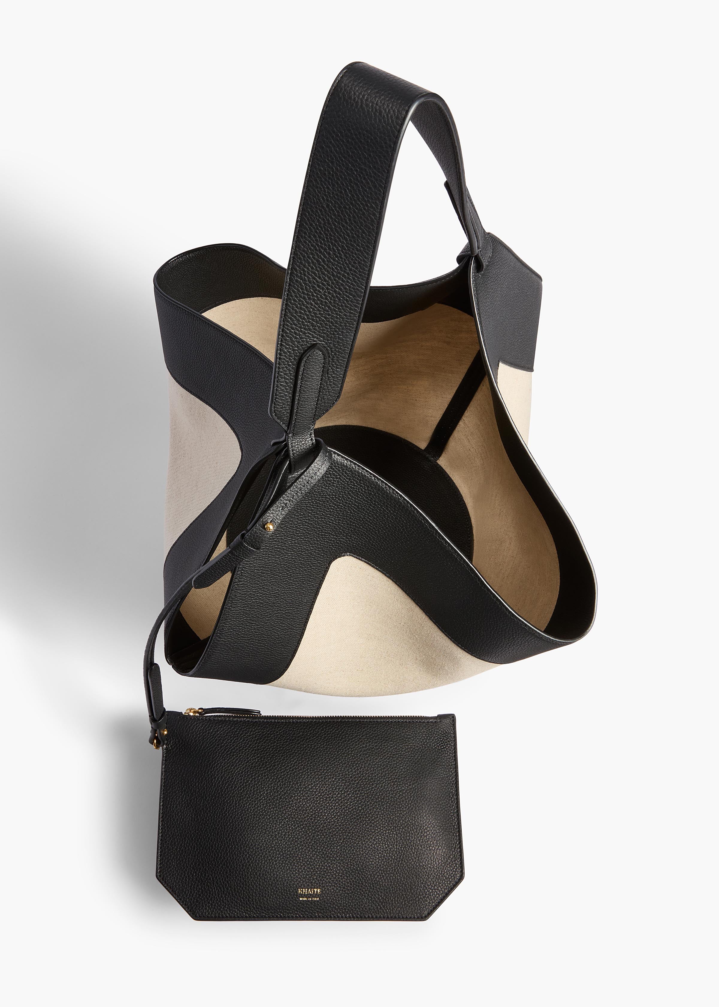 Medium Lotus Tote in Black Leather and Natural Canvas – KHAITE Medium Lotus Tote in Black Leather and Natural Canvas – KHAITE