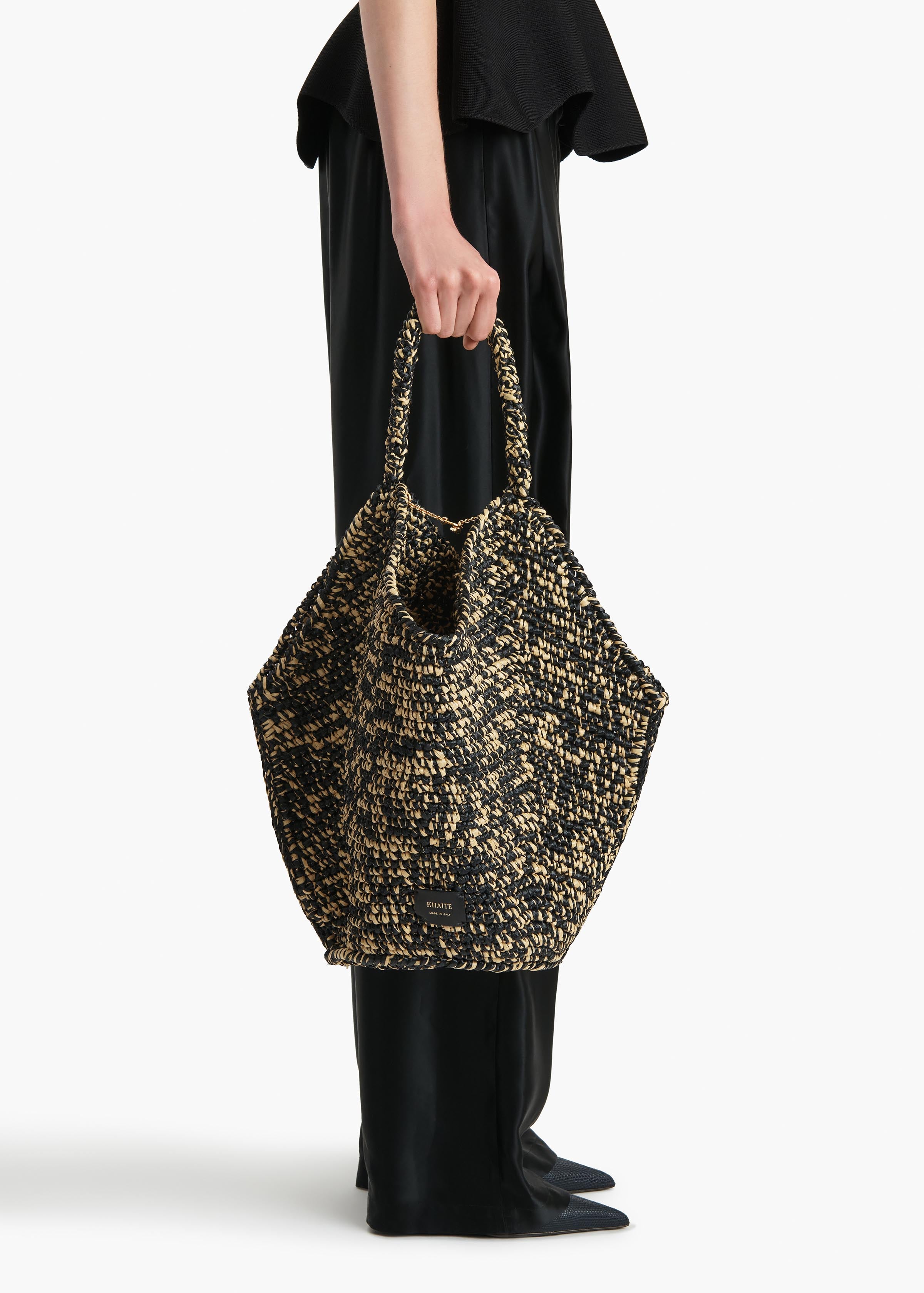 Medium Lotus Tote in Black and White Raffia